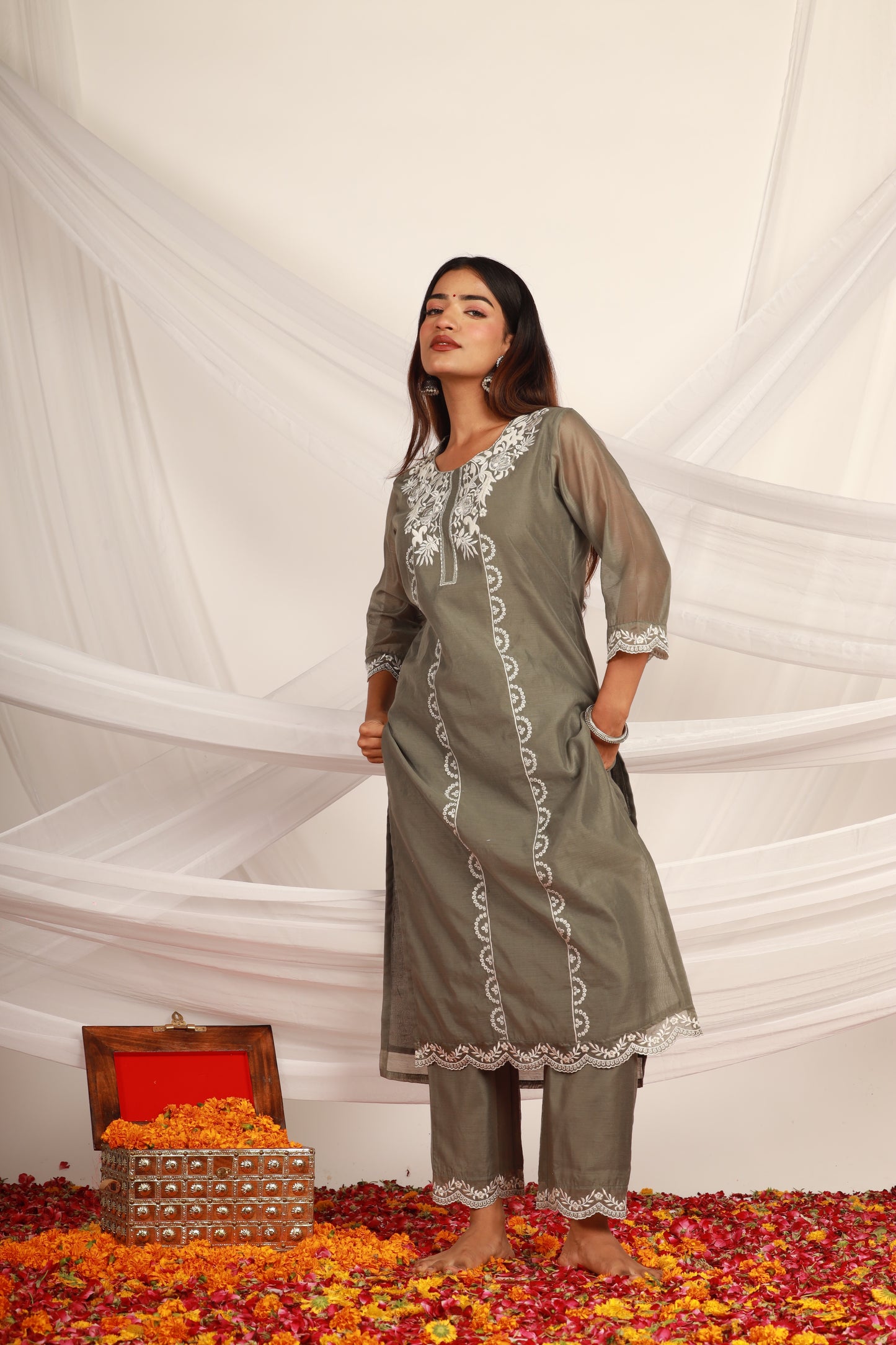 Grey Chanderi Kurta Pant -Set of 2