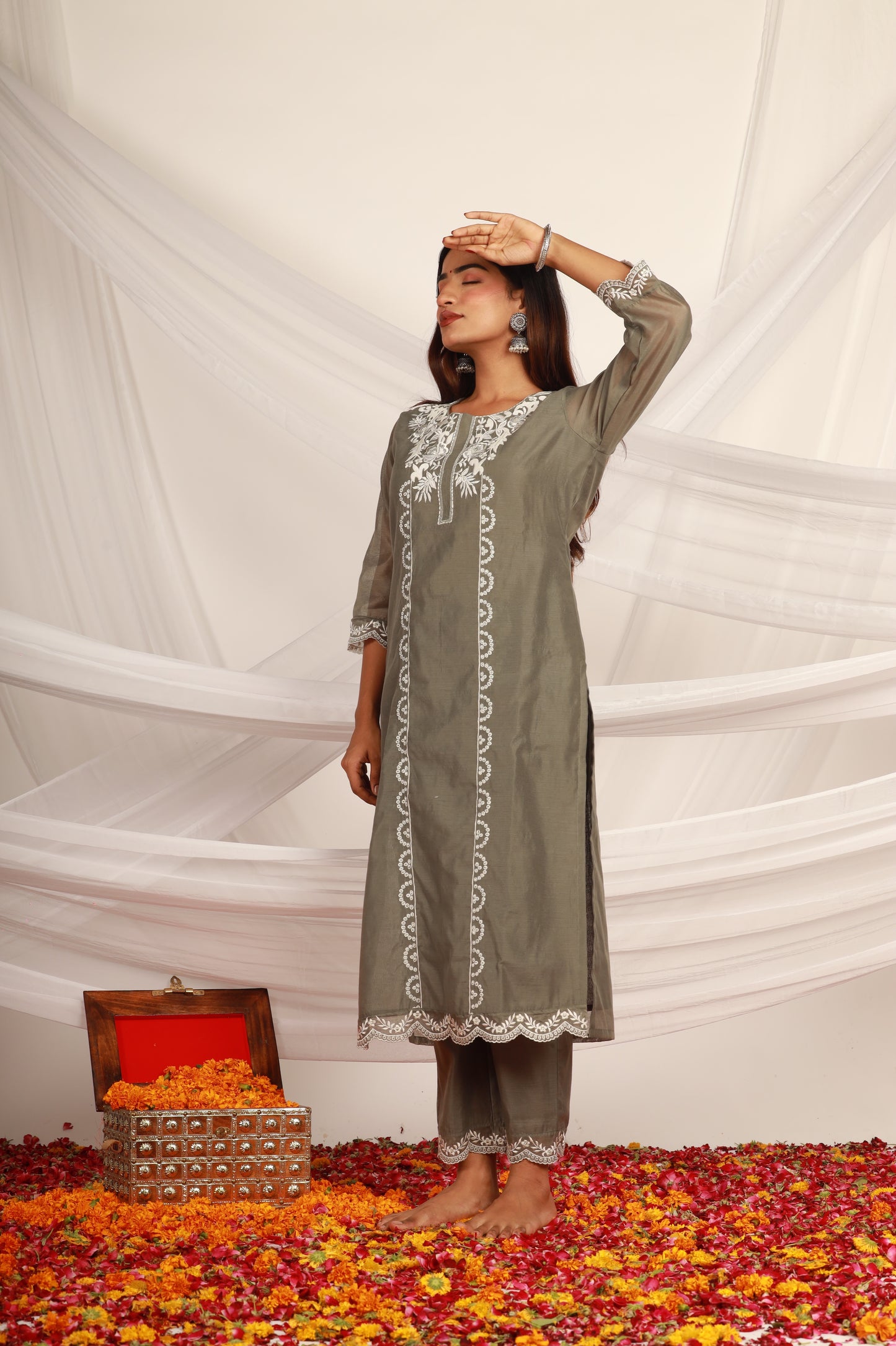 Grey Chanderi Kurta Pant -Set of 2