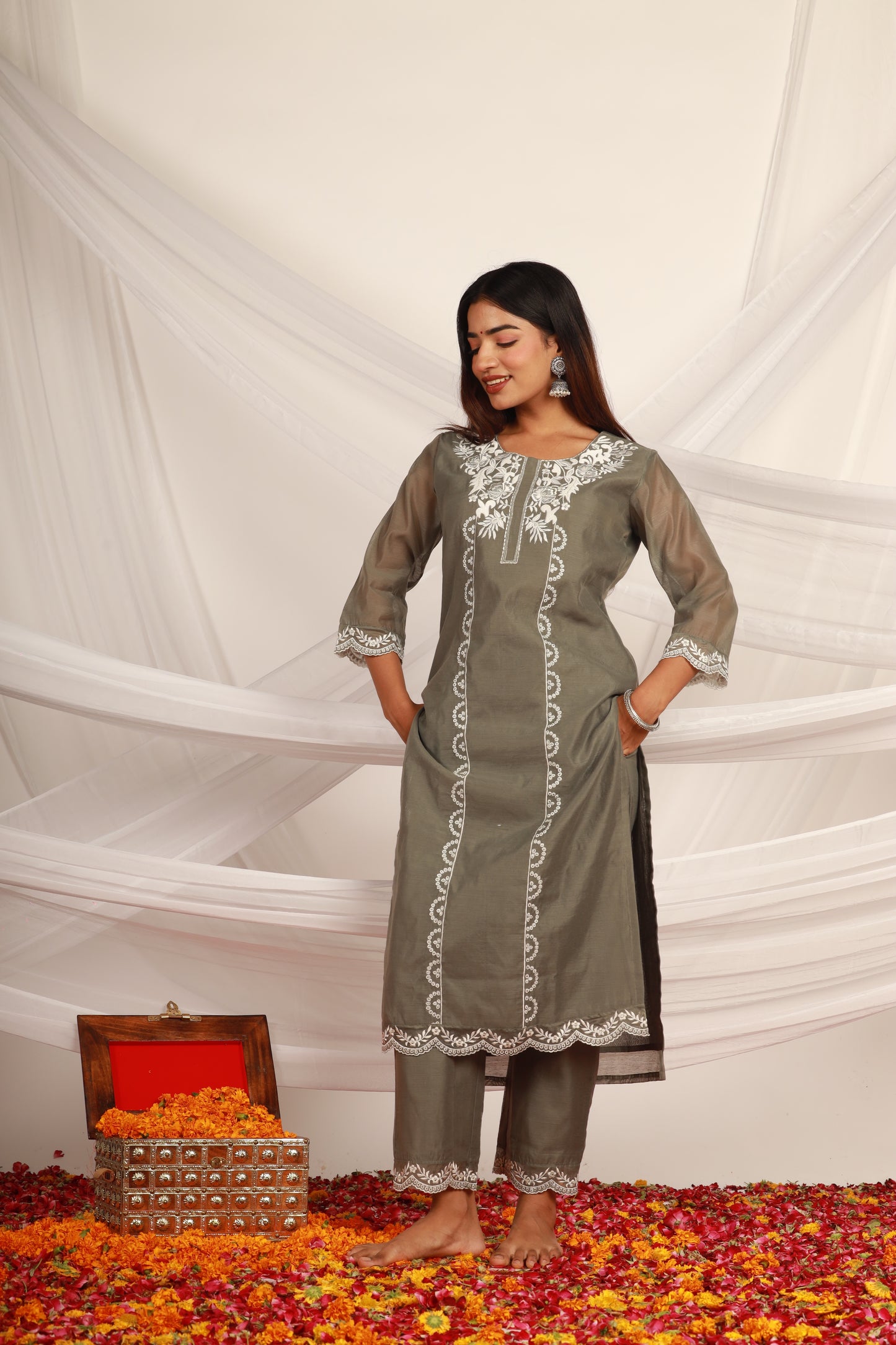 Grey Chanderi Kurta Pant -Set of 2