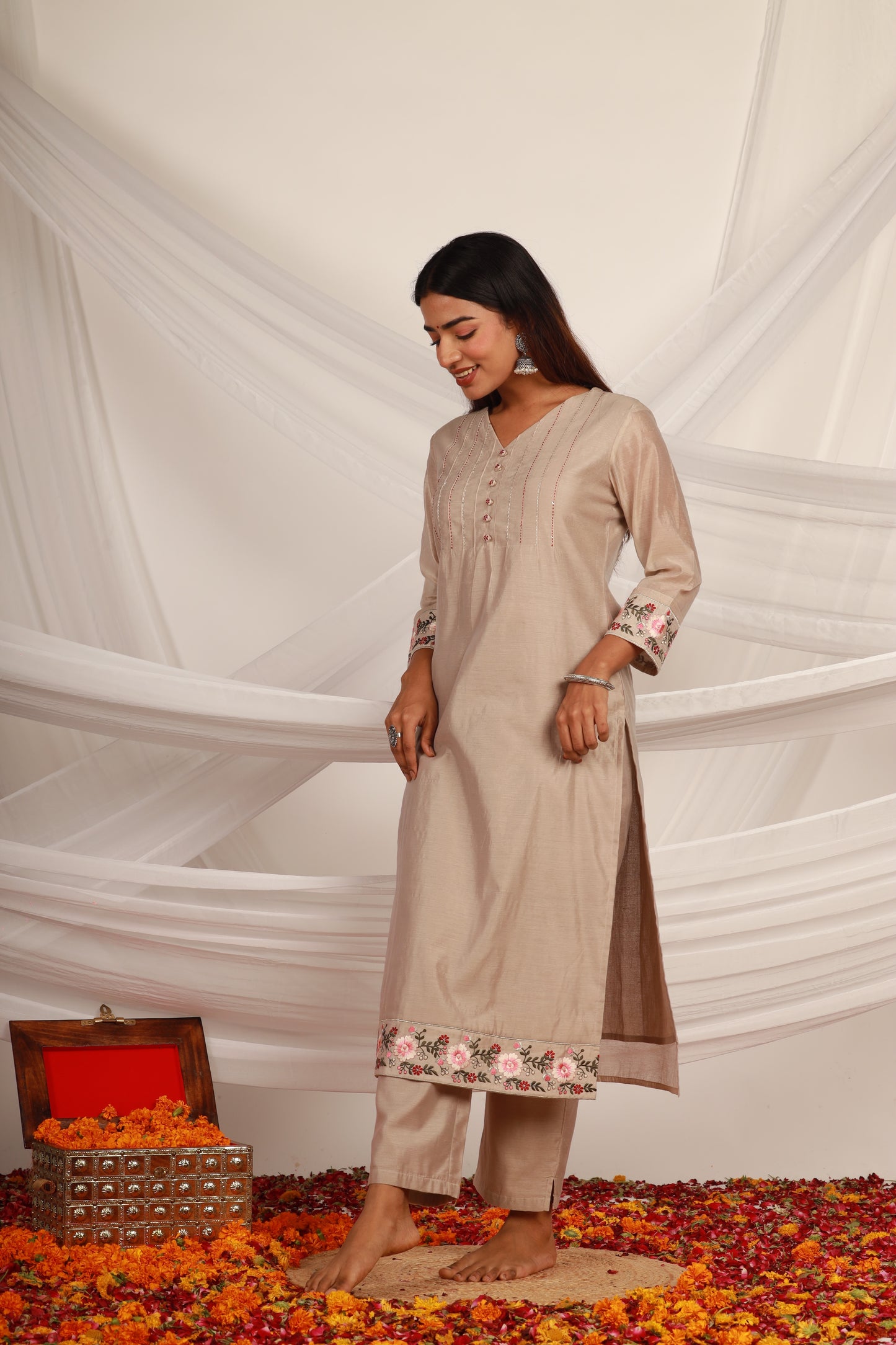 Beige Chanderi Kurta Pant -Set of 2