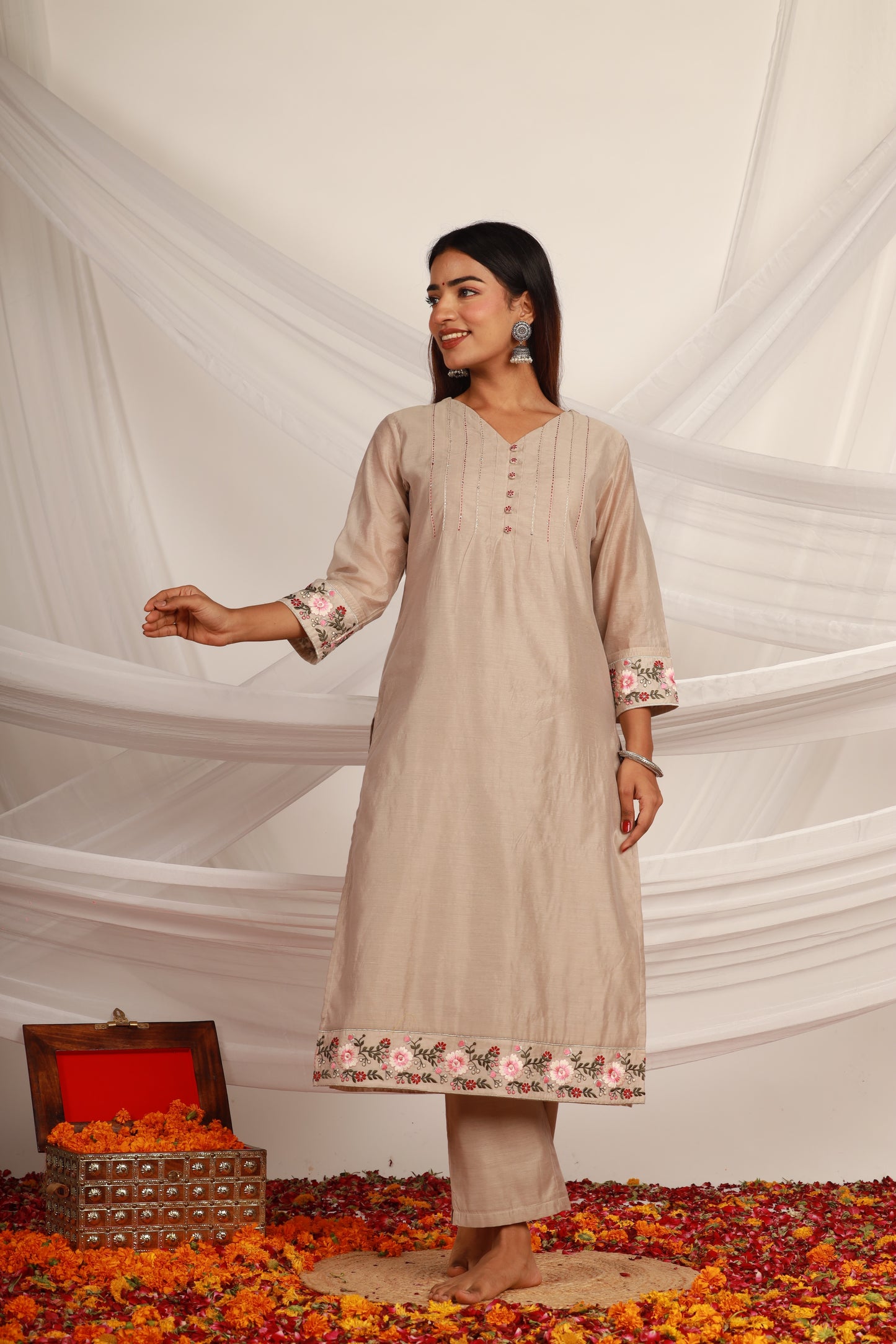 Beige Chanderi Kurta Pant -Set of 2