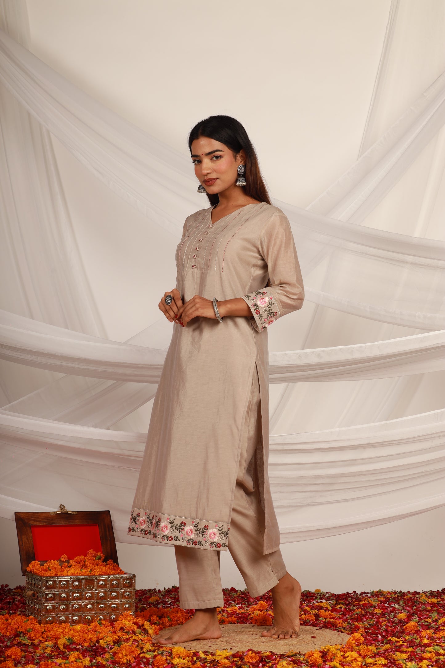 Beige Chanderi Kurta Pant -Set of 2