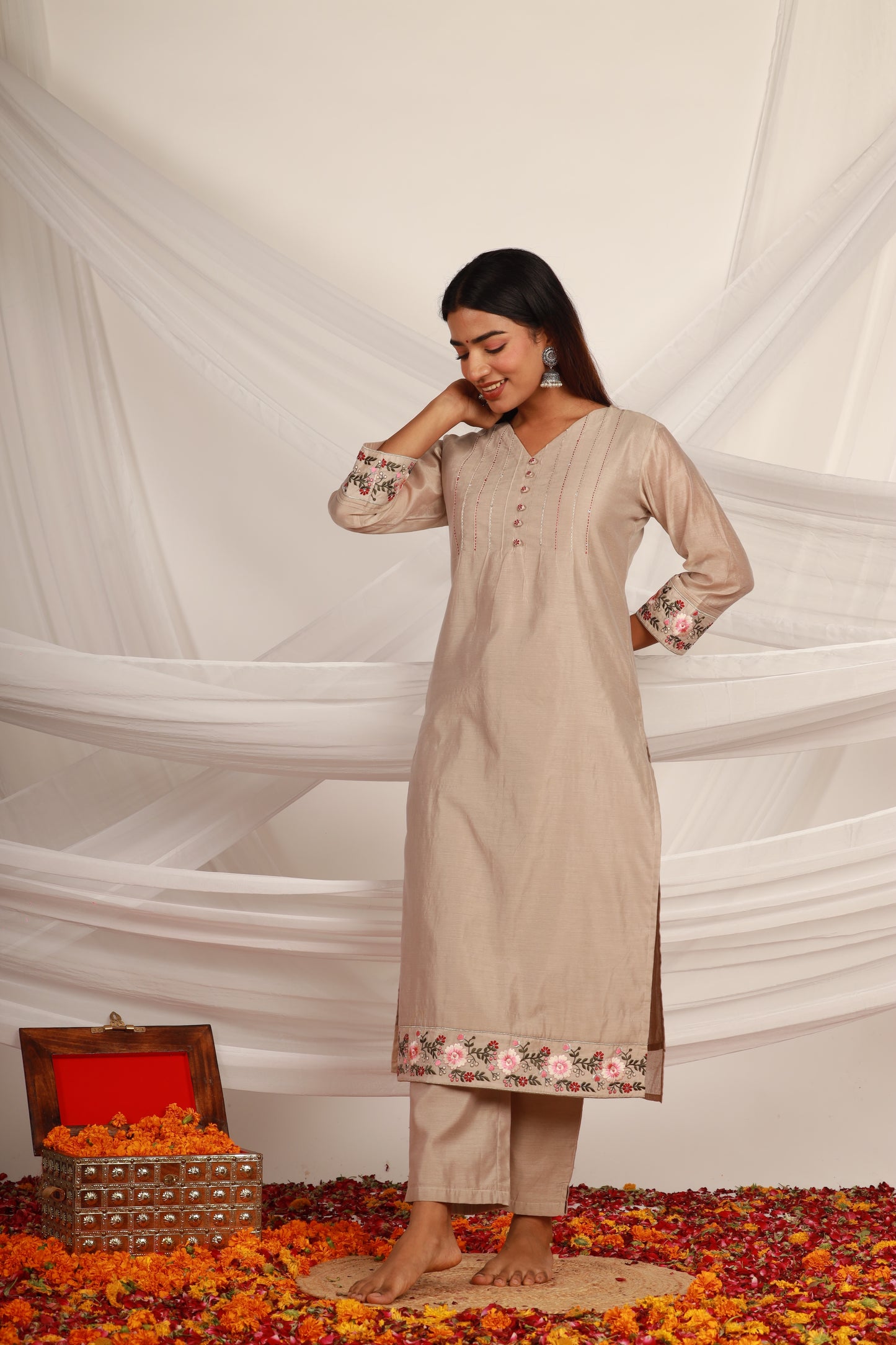 Beige Chanderi Kurta Pant -Set of 2