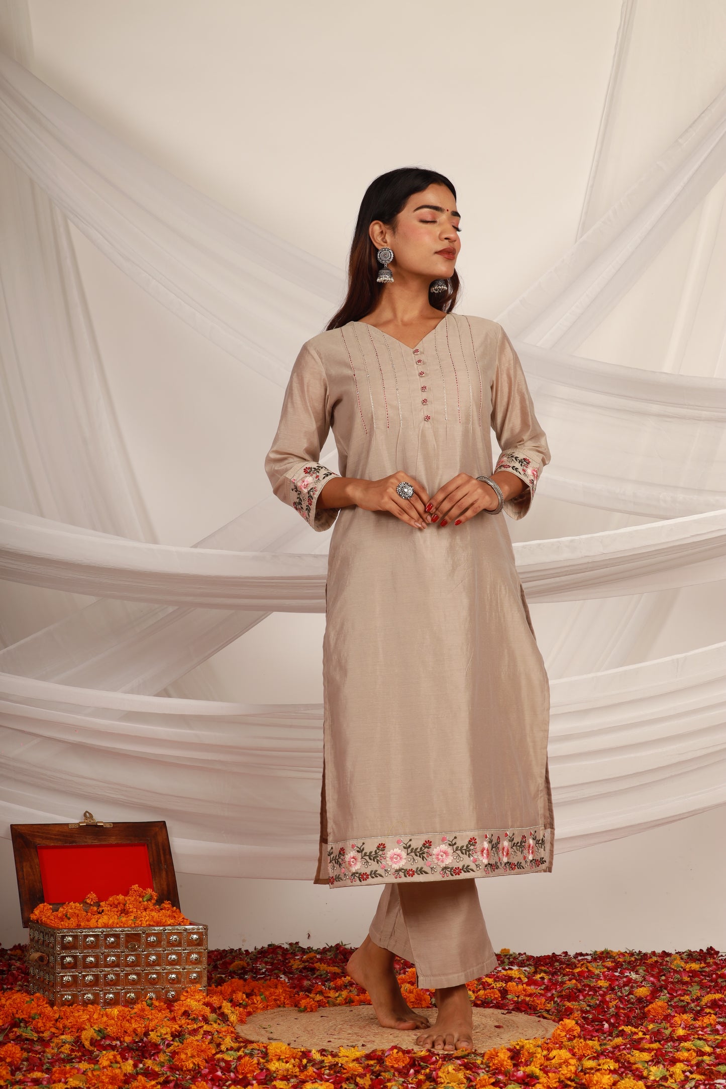 Beige Chanderi Kurta Pant -Set of 2