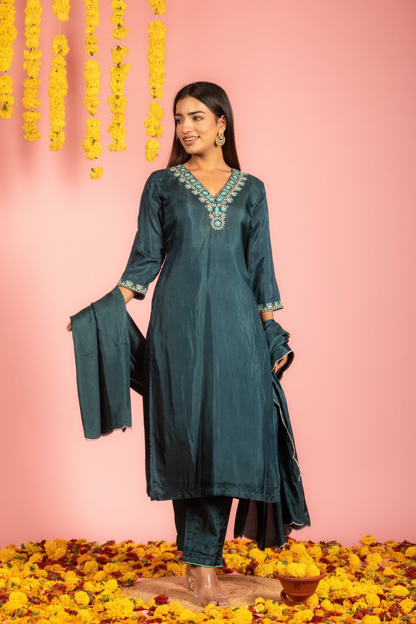 Teal Chanderi Kurta Pant Dupatta-Set of 3