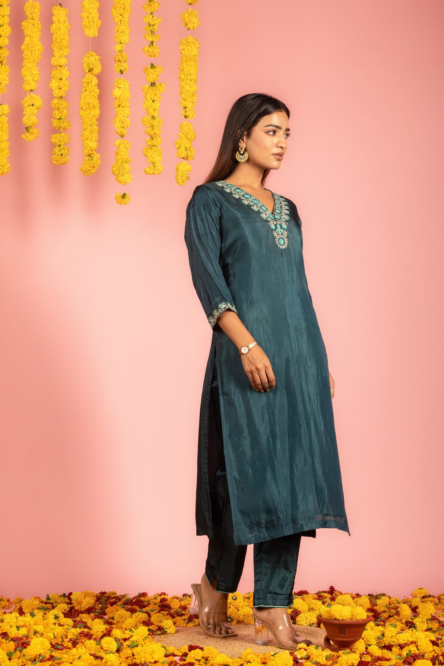 Teal Chanderi Kurta Pant Dupatta-Set of 3