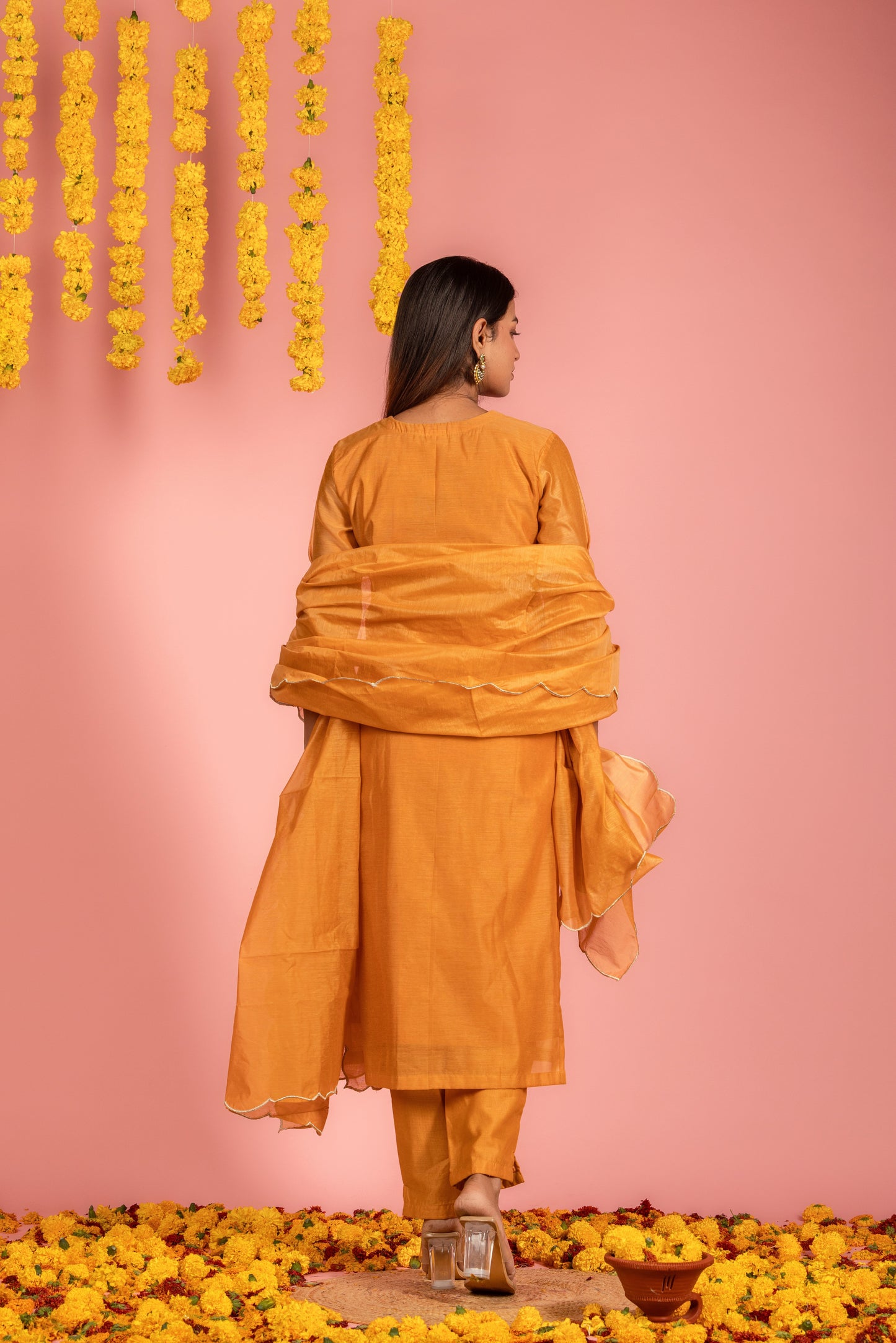 Mustard Chanderi Kurta Pant Dupatta-Set of 3