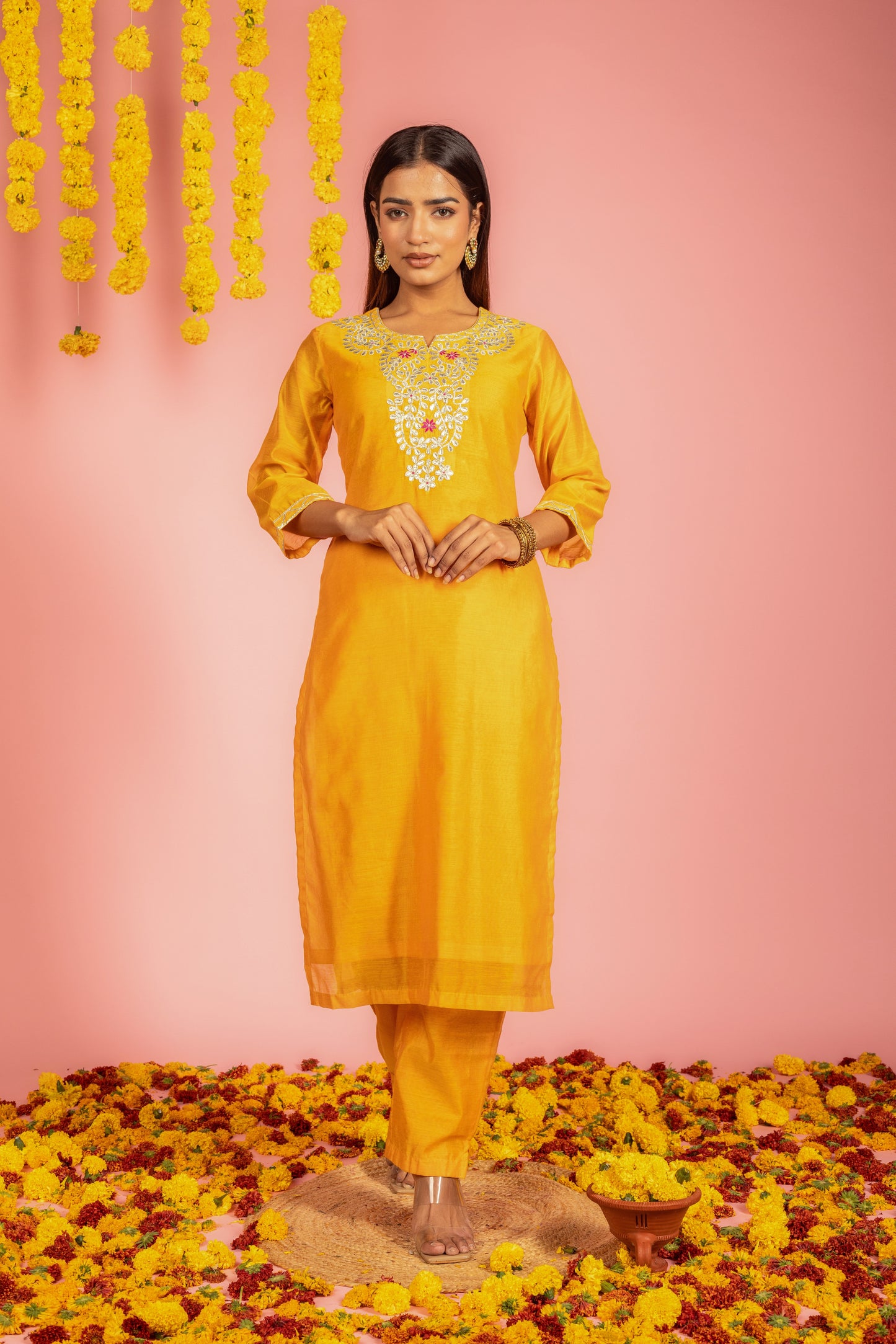 Yellow Chanderi Kurta Pant Dupatta-Set of 3