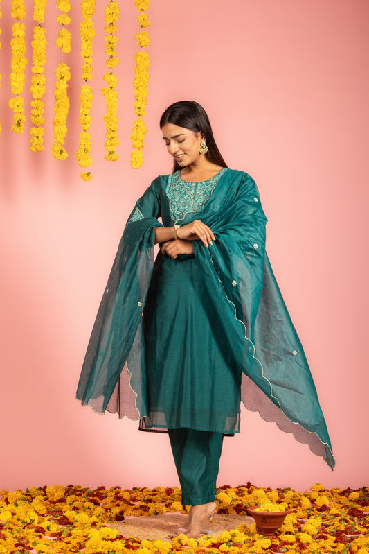 Teal Chanderi Kurta Pant Dupatta-Set of 3