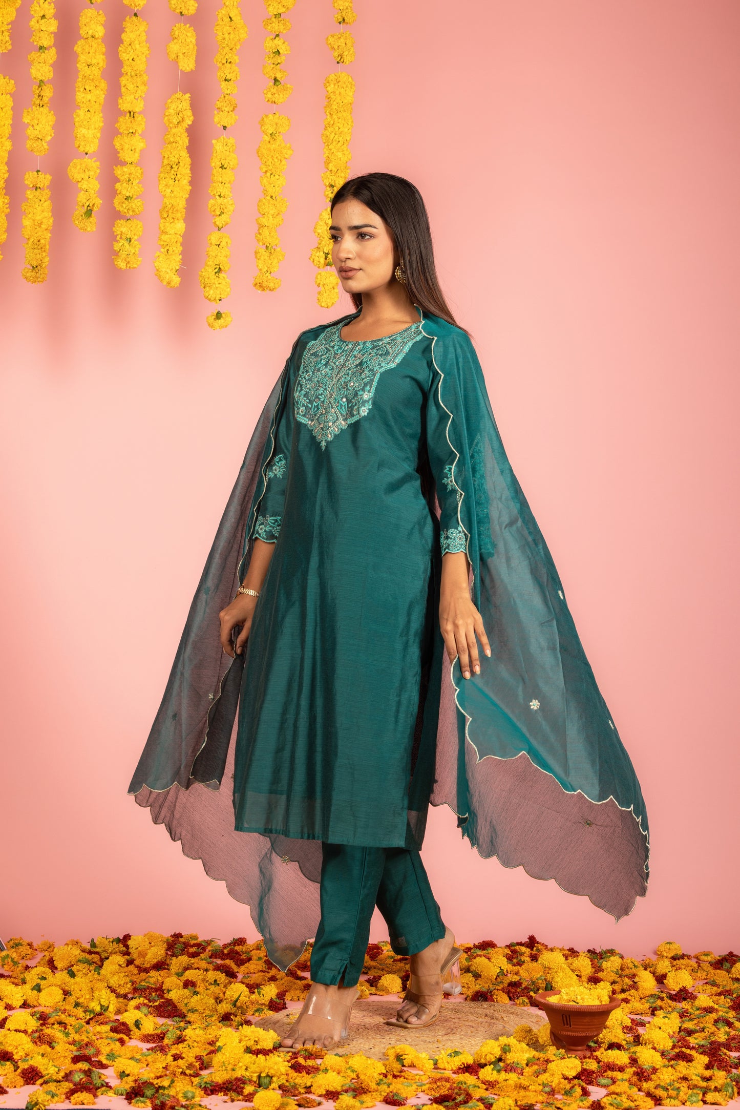 Teal Chanderi Kurta Pant Dupatta-Set of 3