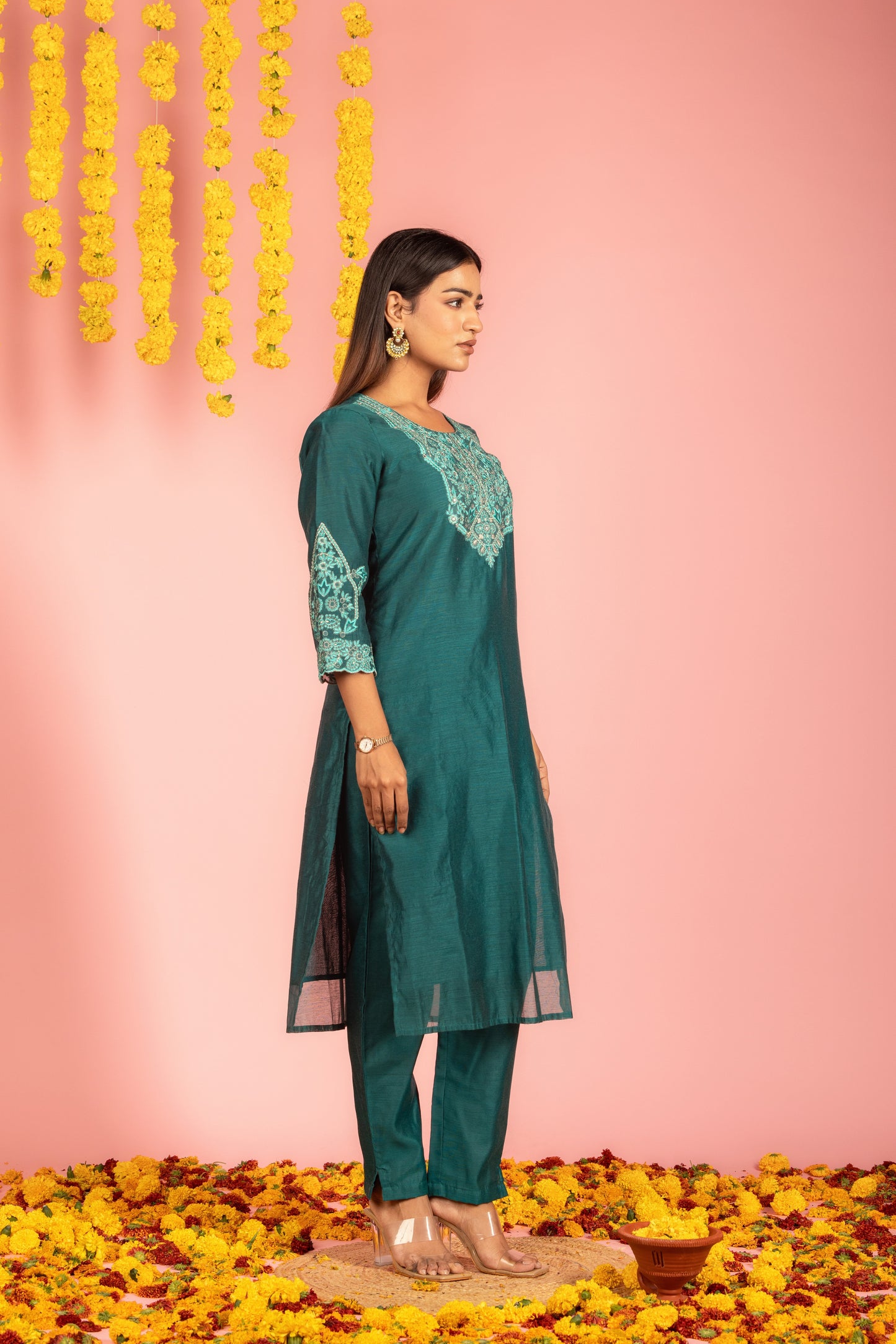 Teal Chanderi Kurta Pant Dupatta-Set of 3