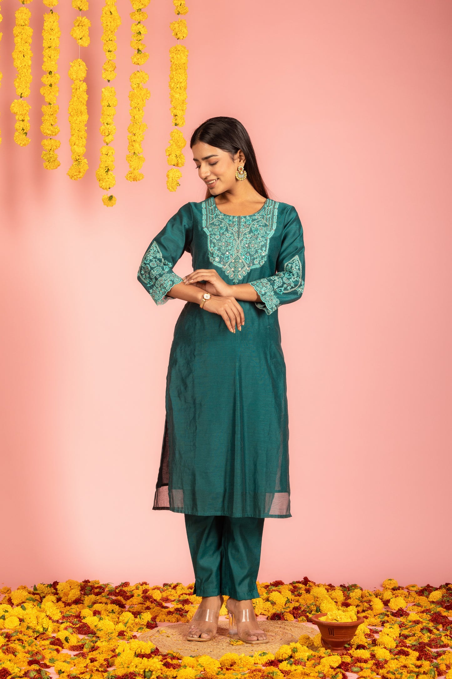 Teal Chanderi Kurta Pant Dupatta-Set of 3