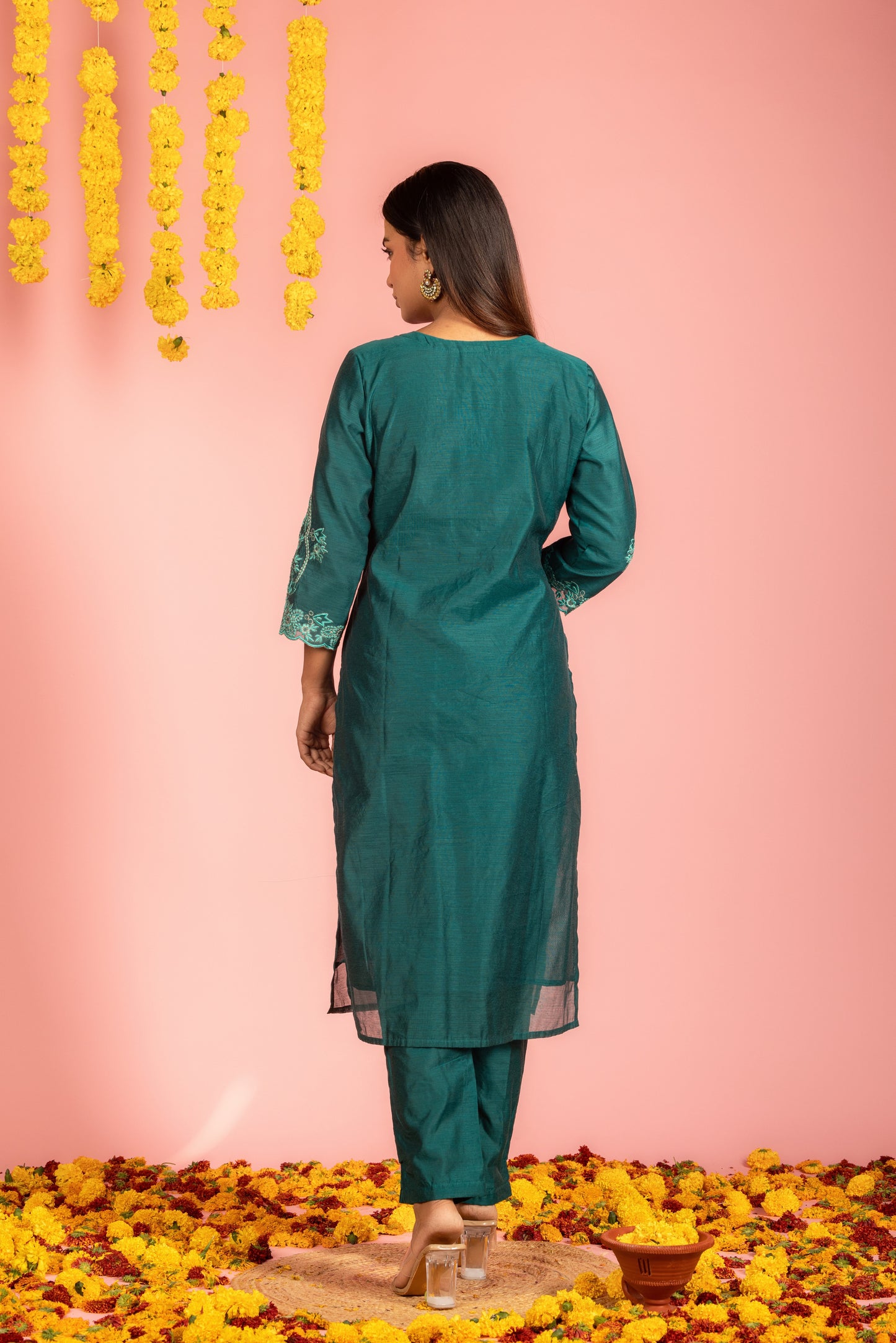 Teal Chanderi Kurta Pant Dupatta-Set of 3