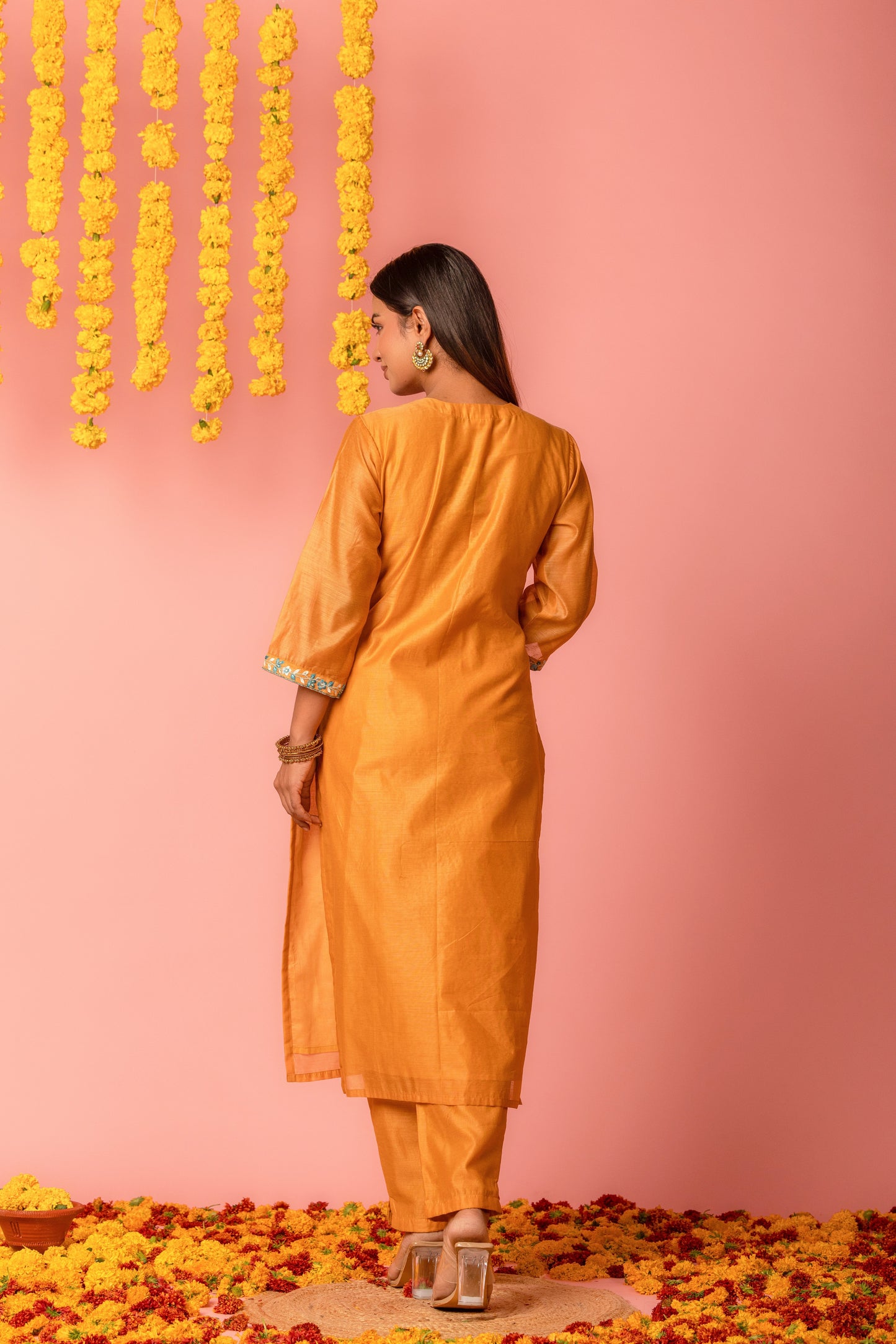 Orange Chanderi Kurta Pant Dupatta-Set of 3