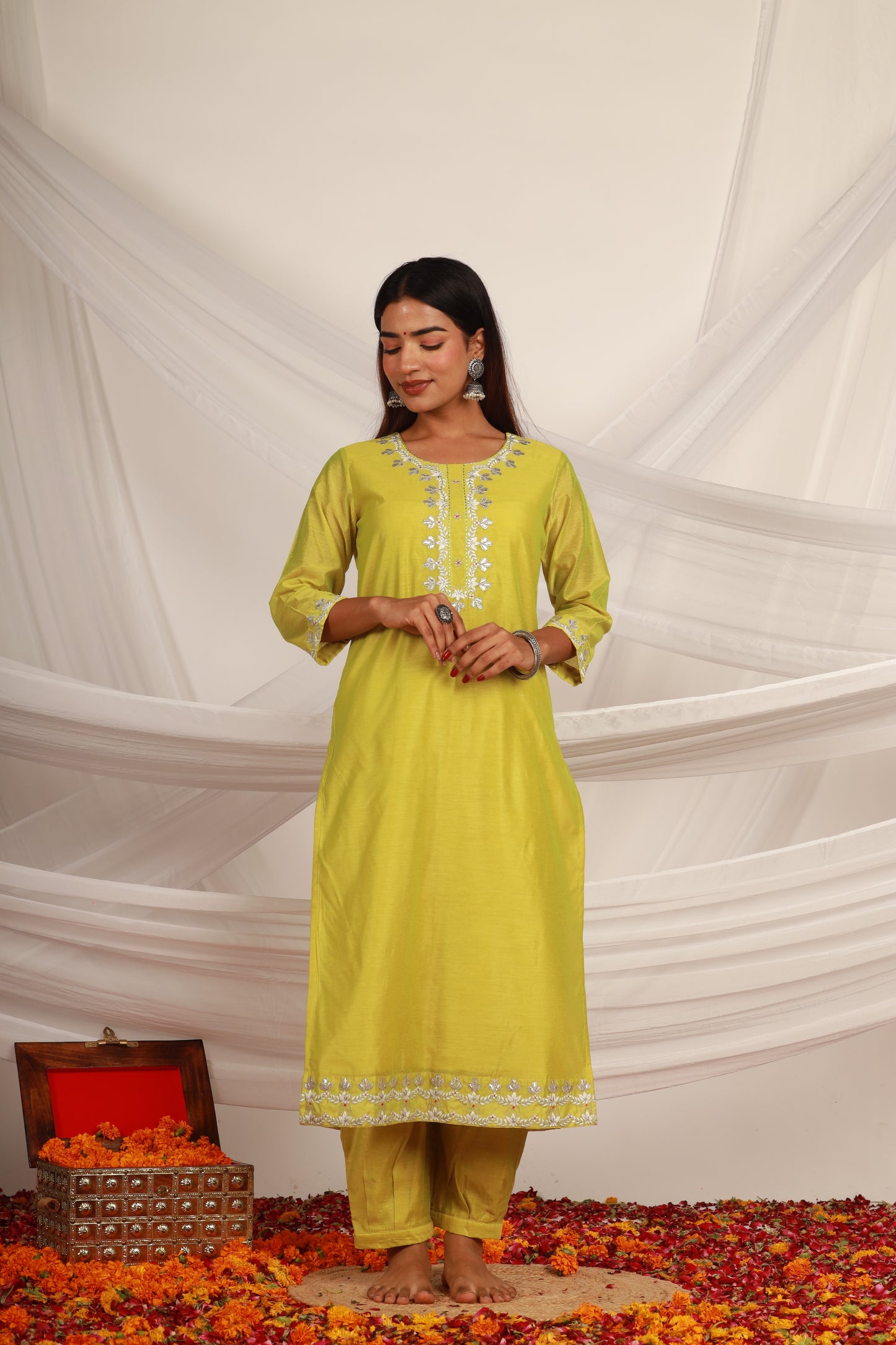 Light Green Chanderi Kurta -Set of 3