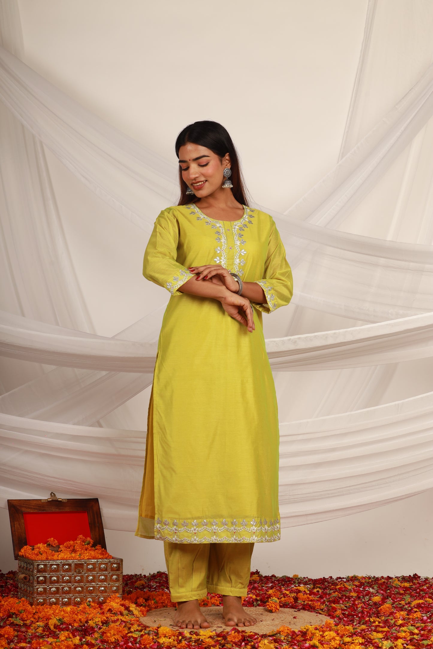 Light Green Chanderi Kurta -Set of 3