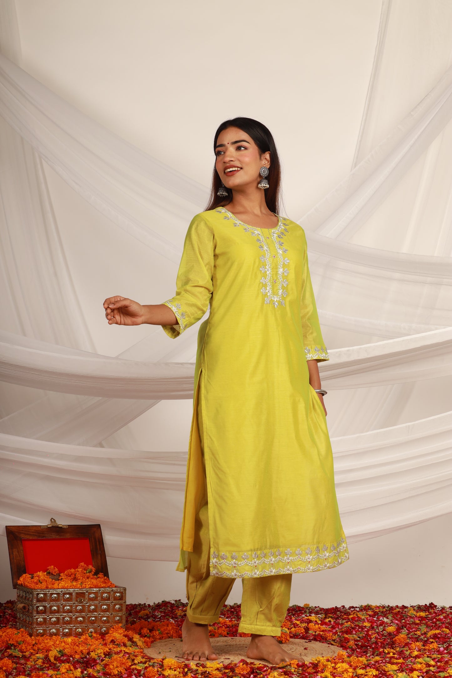 Light Green Chanderi Kurta -Set of 3