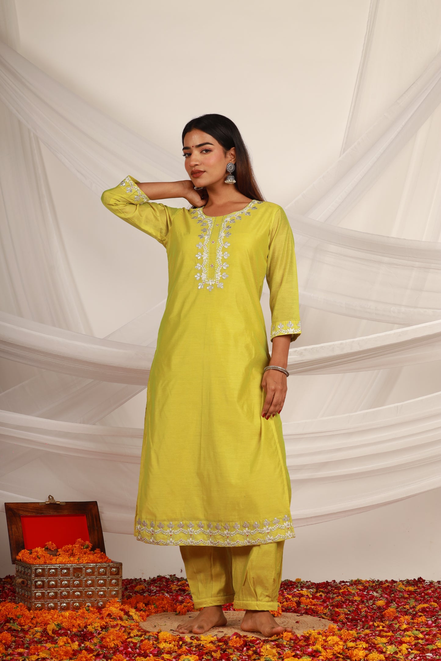 Light Green Chanderi Kurta -Set of 3