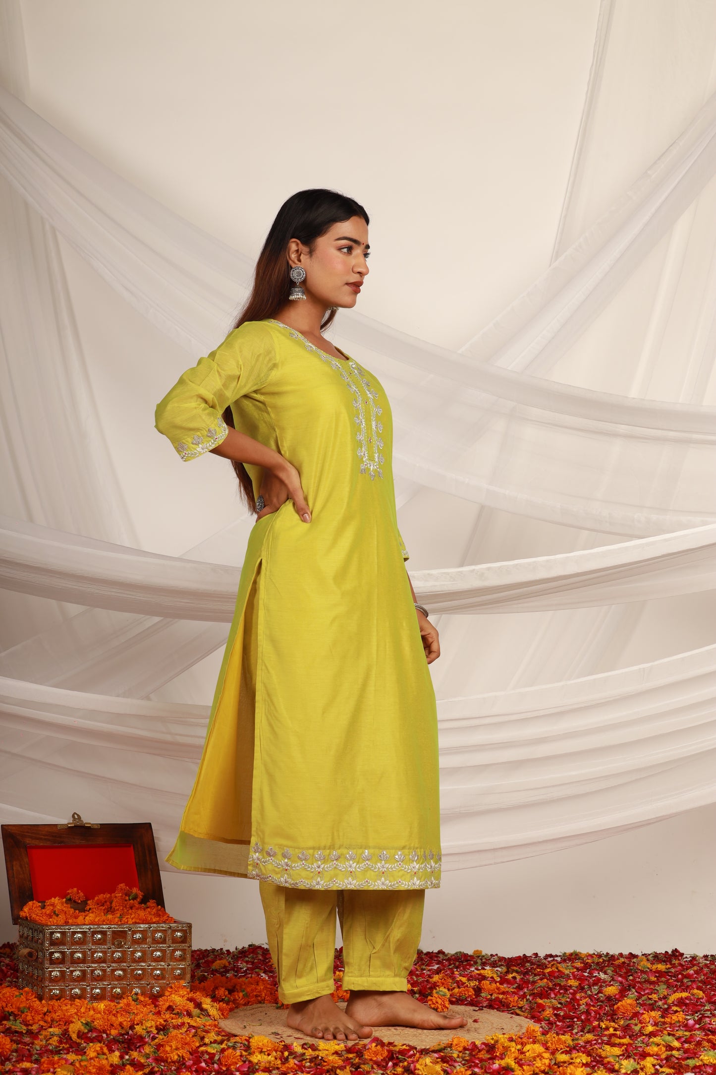 Light Green Chanderi Kurta -Set of 3