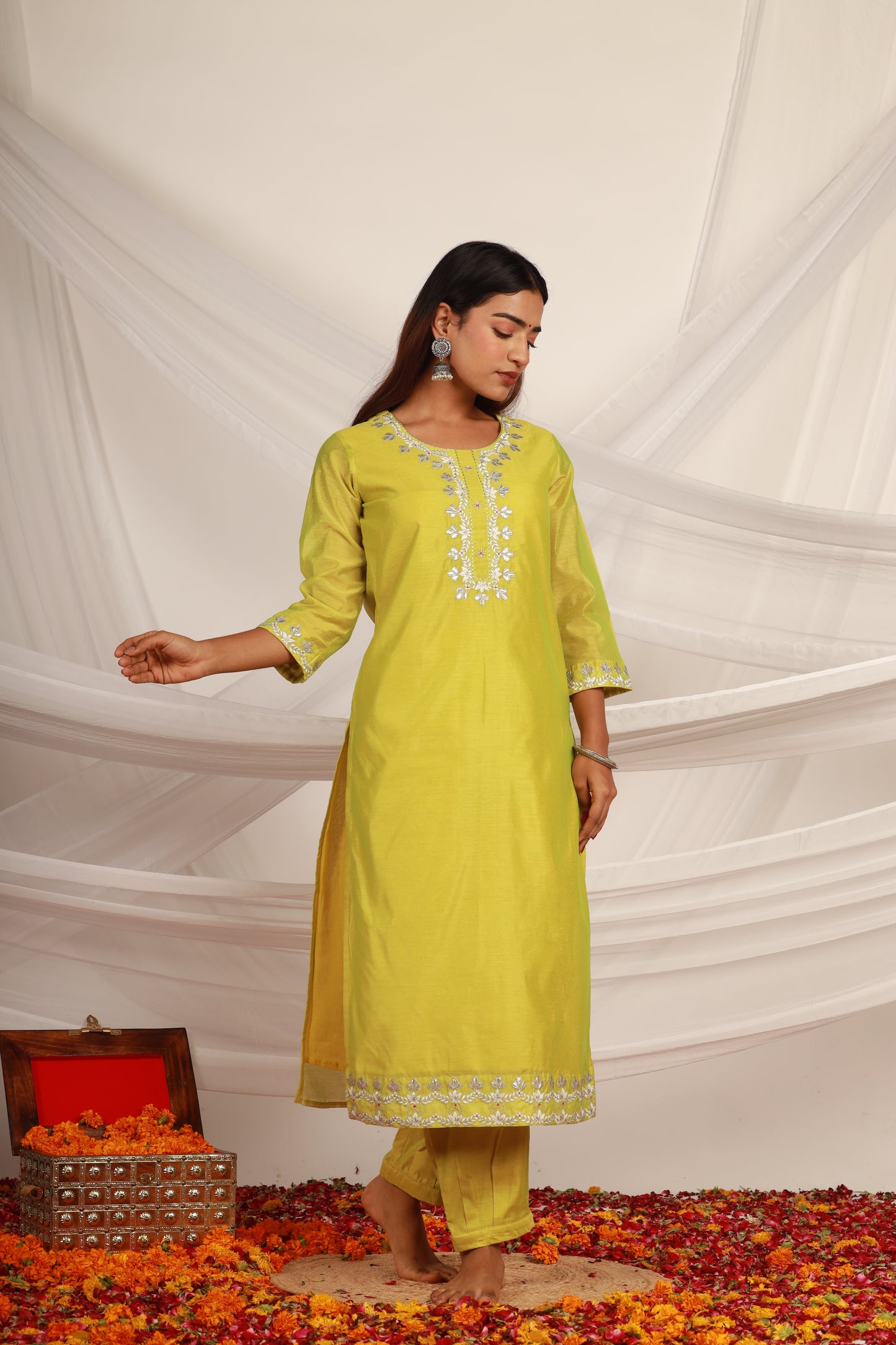 Light Green Chanderi Kurta -Set of 3