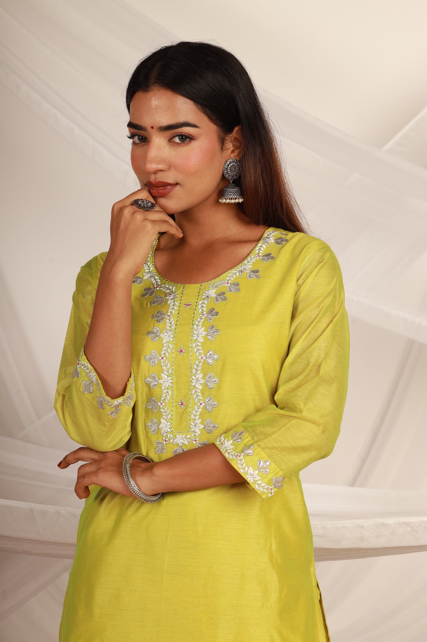 Light Green Chanderi Kurta -Set of 3