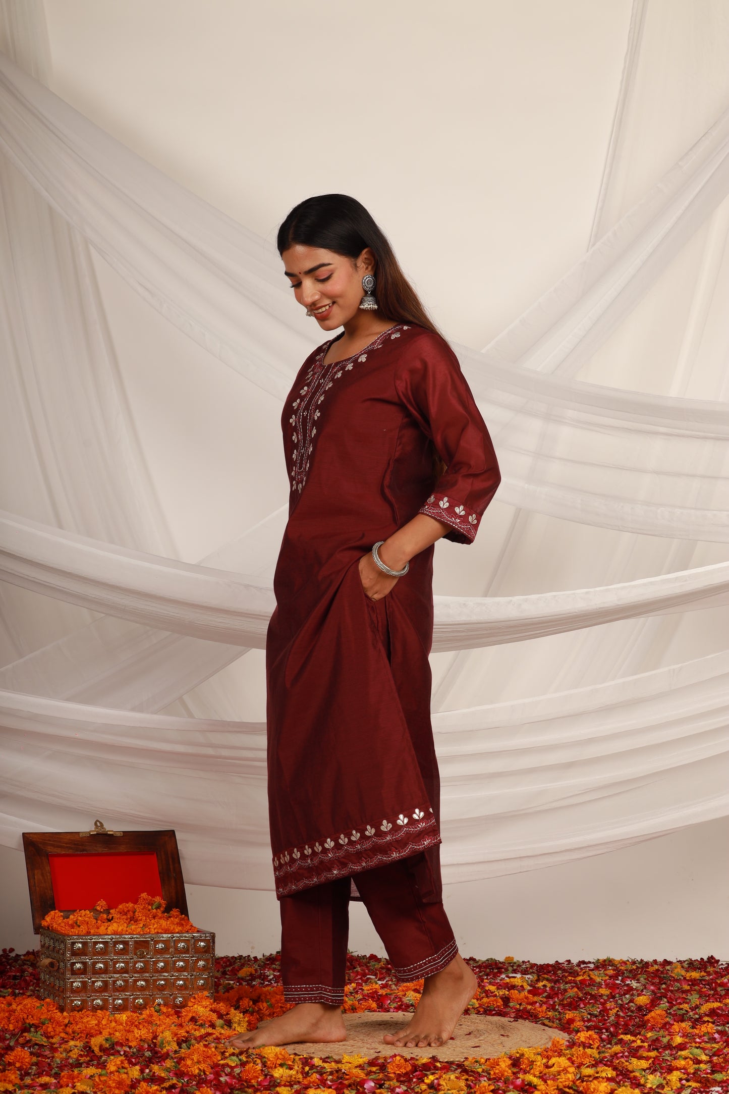 Wine Chanderi Kurta Pant -Set of 2