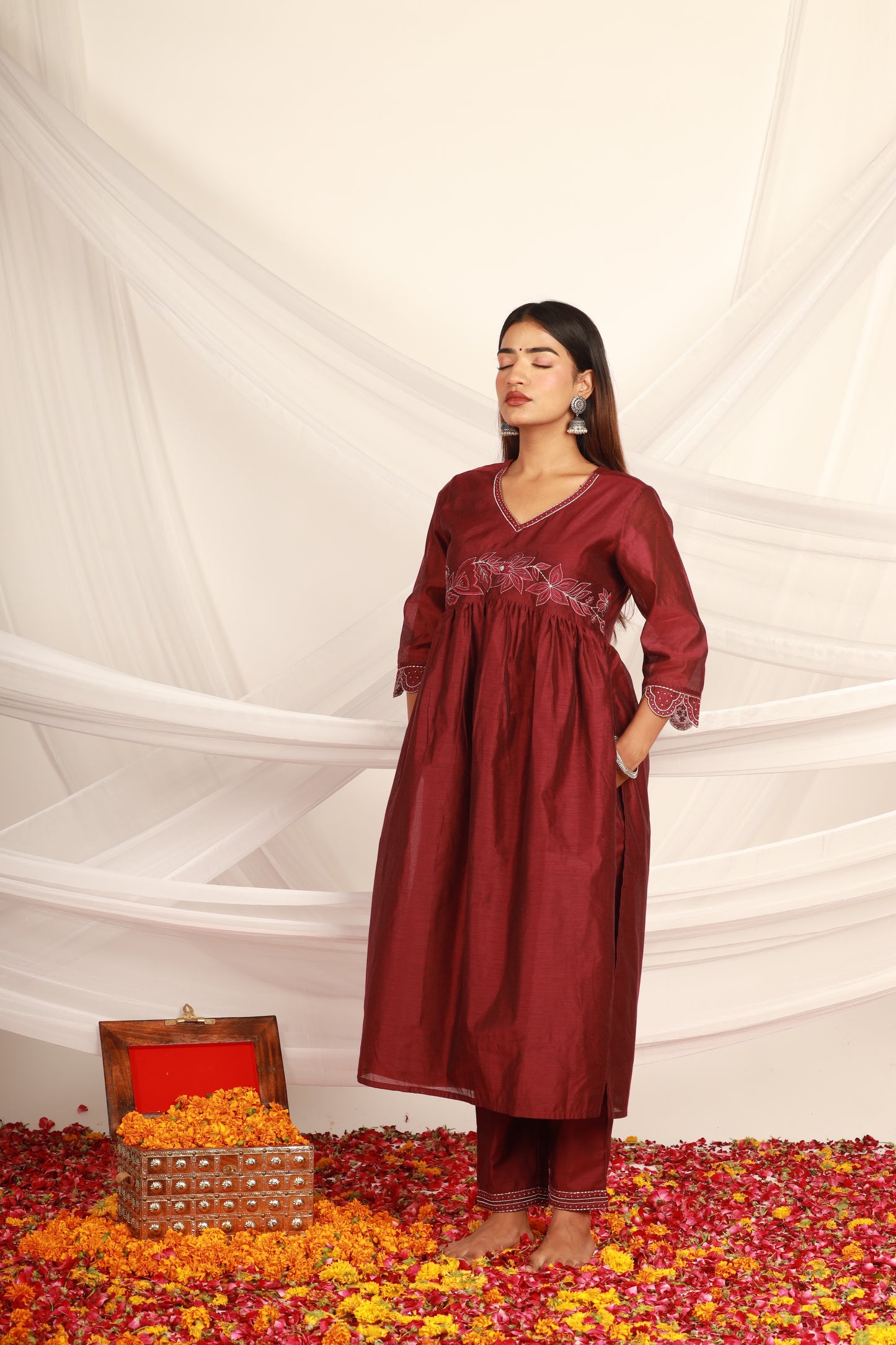 Wine Chanderi Kurta Pant -Set of 2