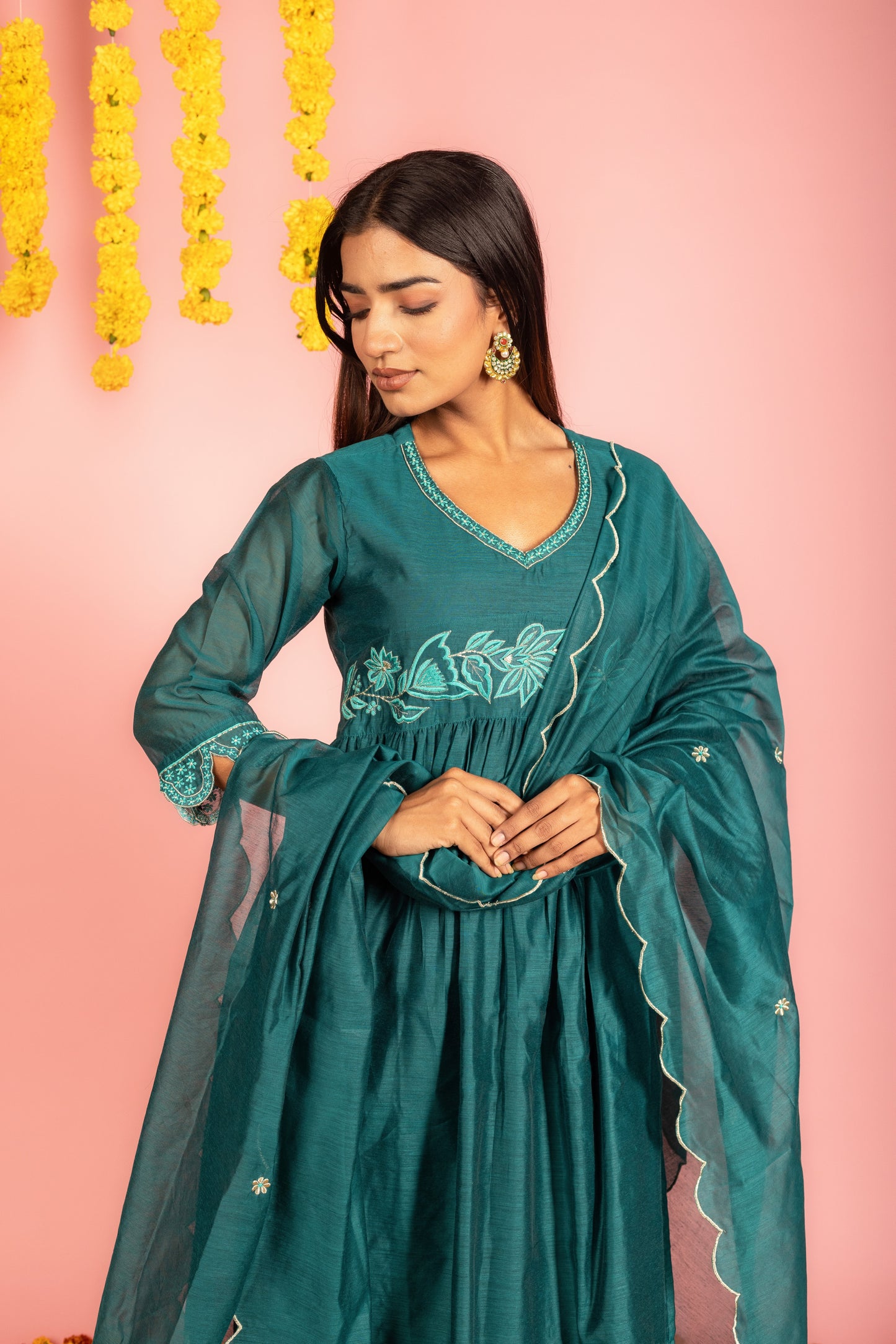 Teal Chanderi Kurta Pant Dupatta -Set of 3