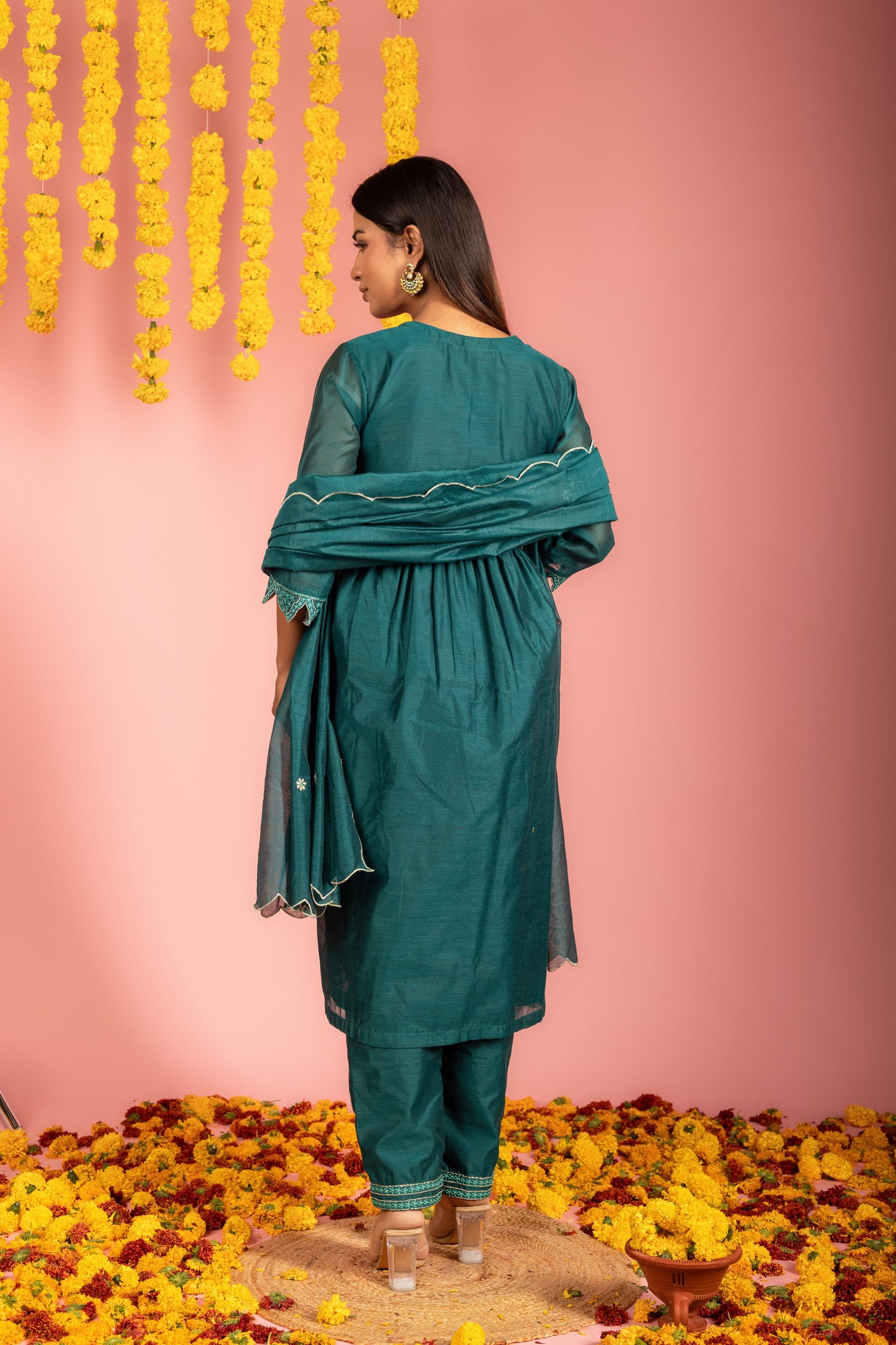 Teal Chanderi Kurta Pant Dupatta -Set of 3