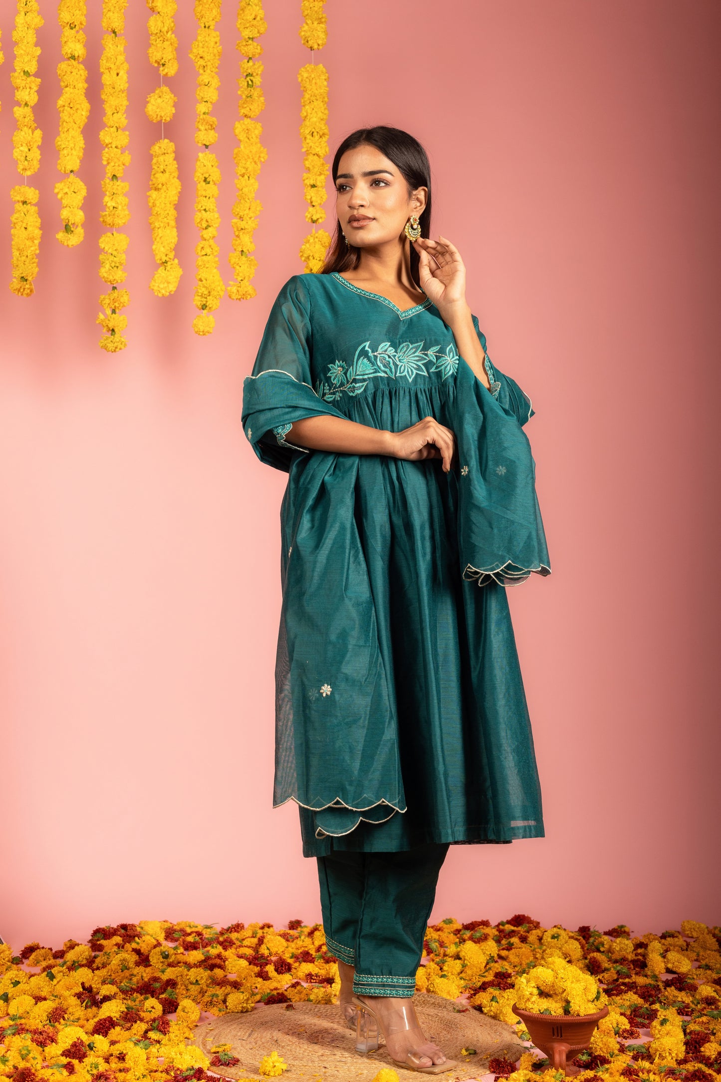 Teal Chanderi Kurta Pant Dupatta -Set of 3