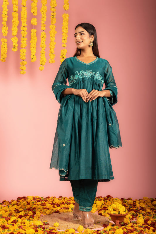 Teal Chanderi Kurta Pant Dupatta -Set of 3