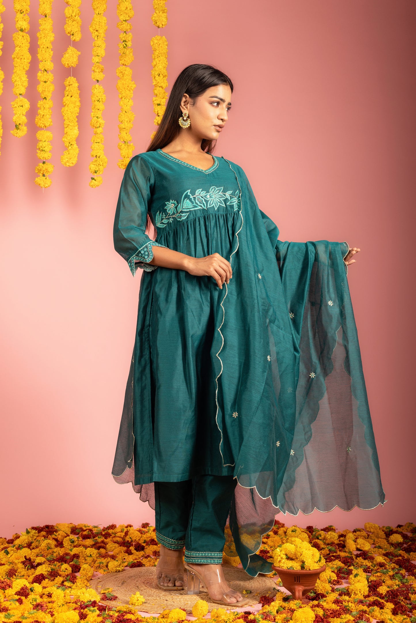 Teal Chanderi Kurta Pant Dupatta -Set of 3