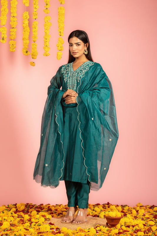 Teal Chanderi Kurta Pant Dupatta -Set of 3