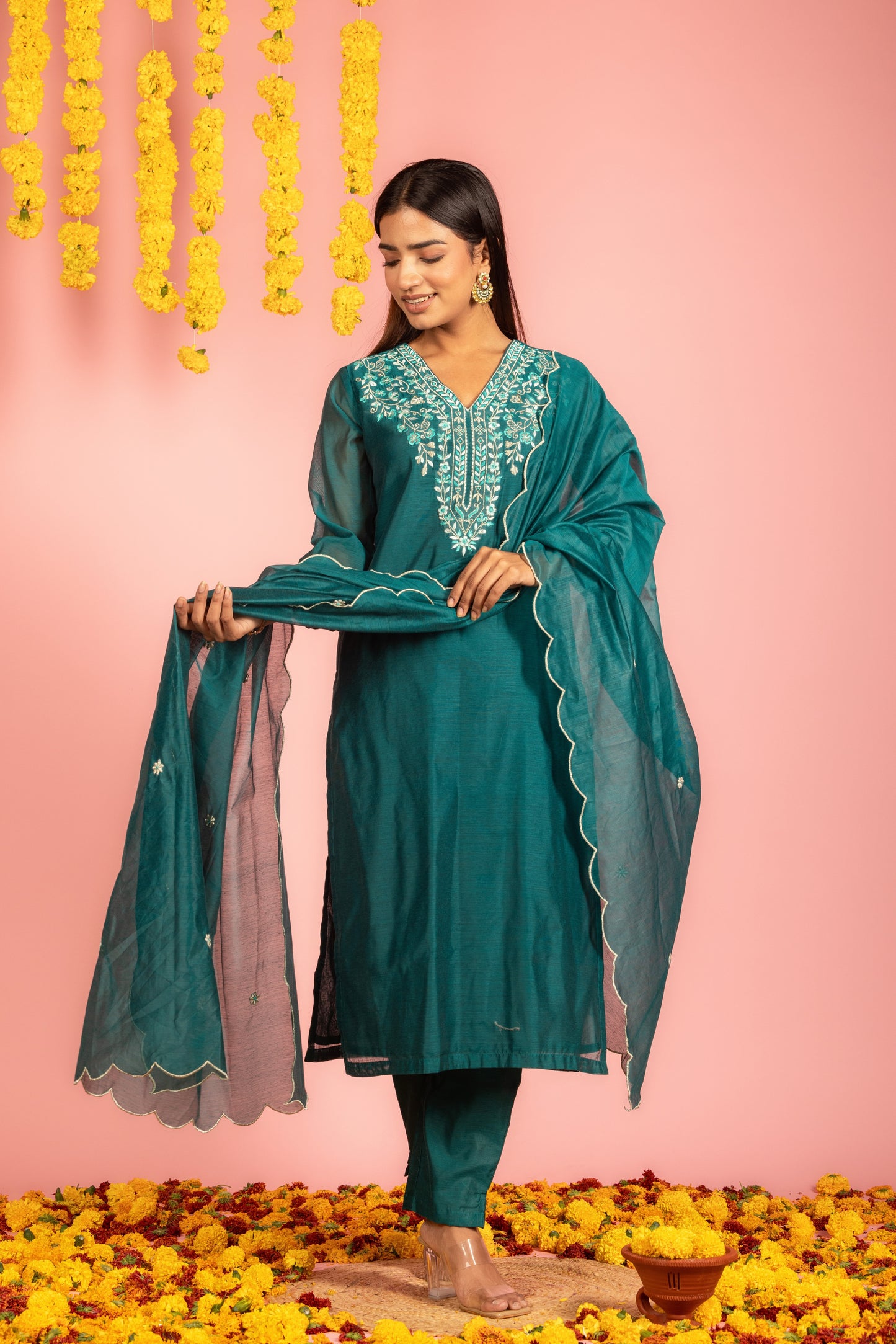 Teal Chanderi Kurta Pant Dupatta -Set of 3