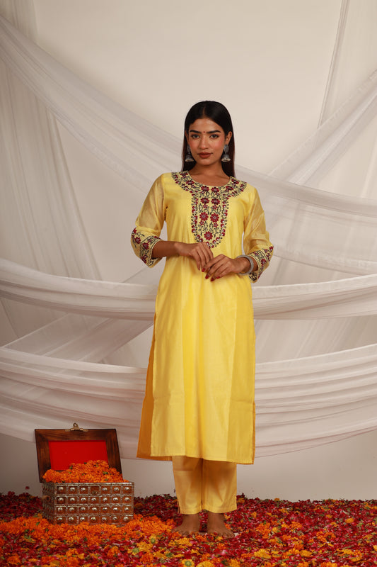 Yellow Chanderi Kurta Pant -Set of 2