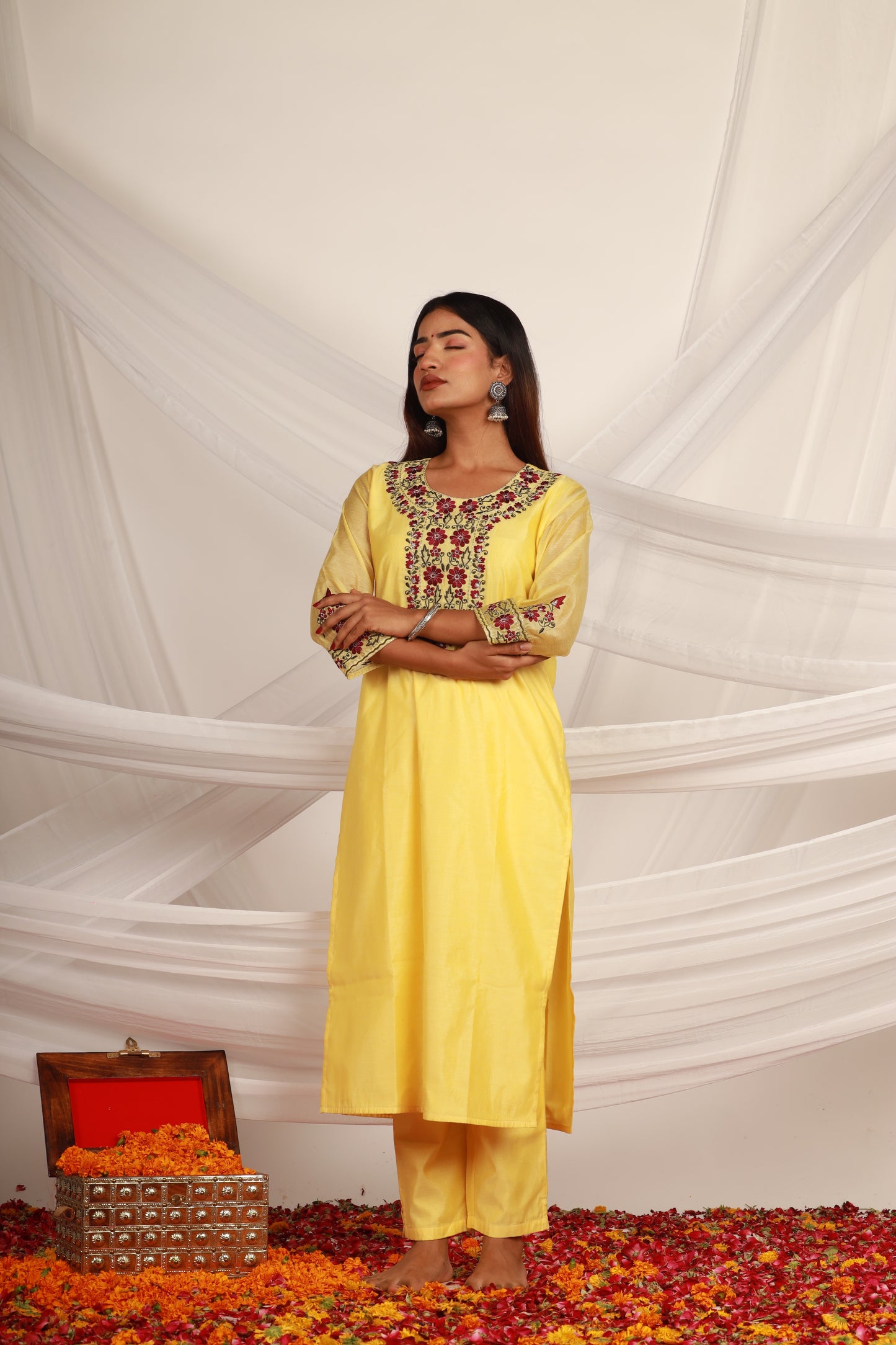 Yellow Chanderi Kurta Pant -Set of 2