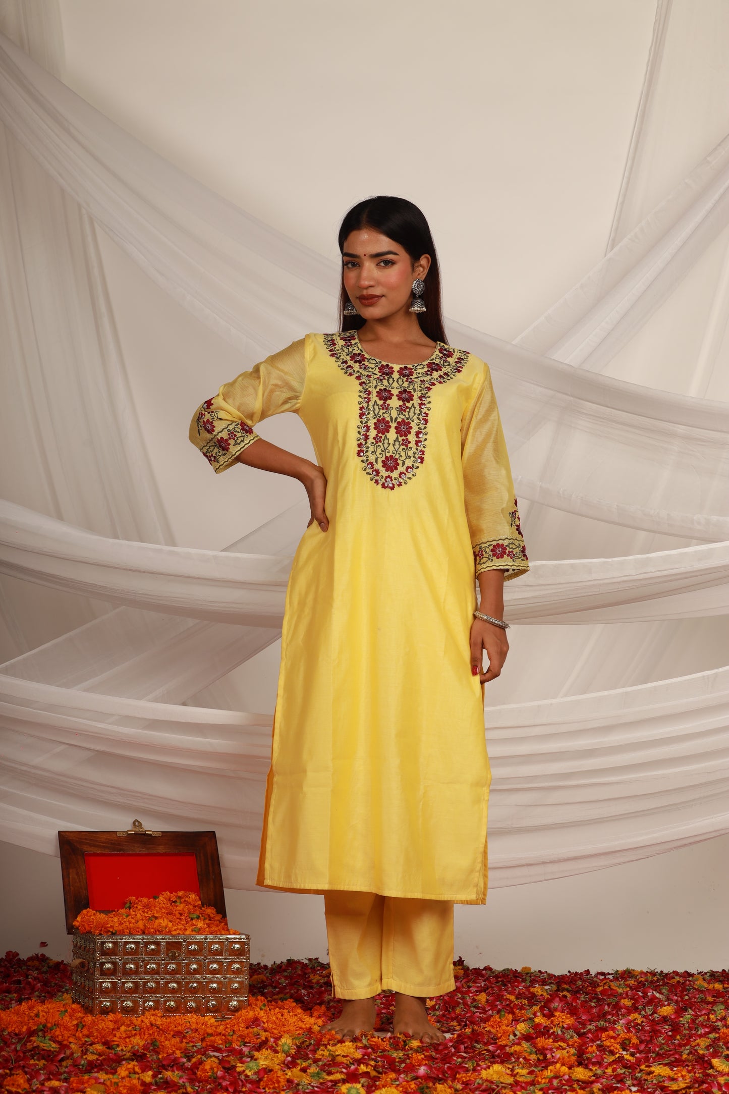 Yellow Chanderi Kurta Pant -Set of 2