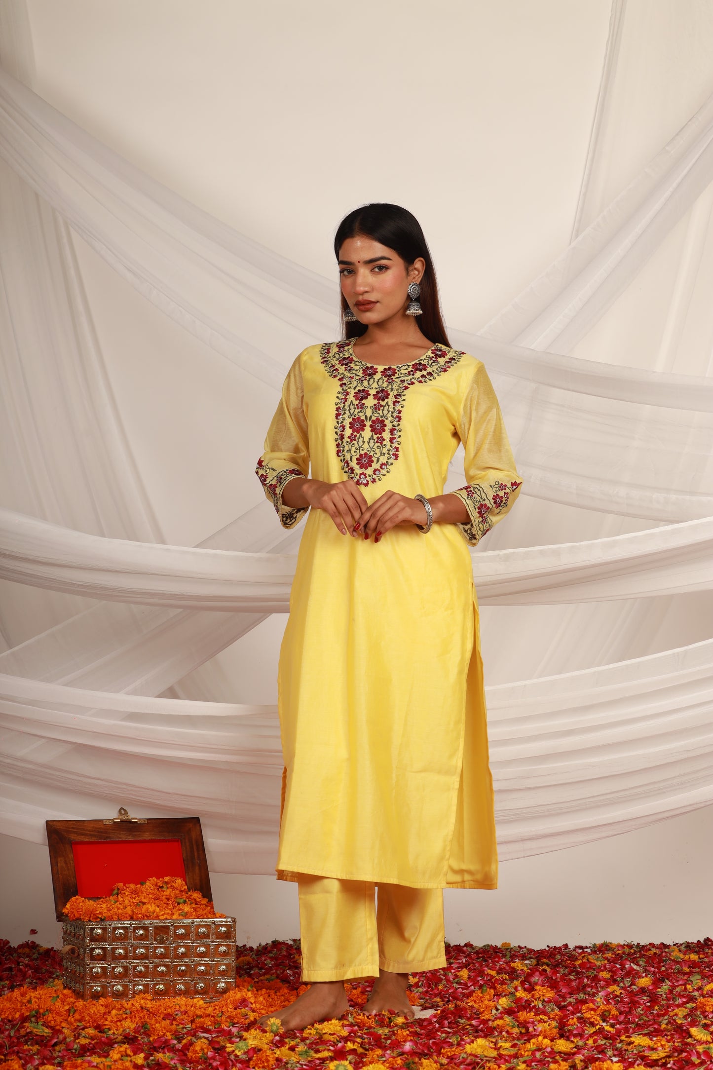 Yellow Chanderi Kurta Pant -Set of 2