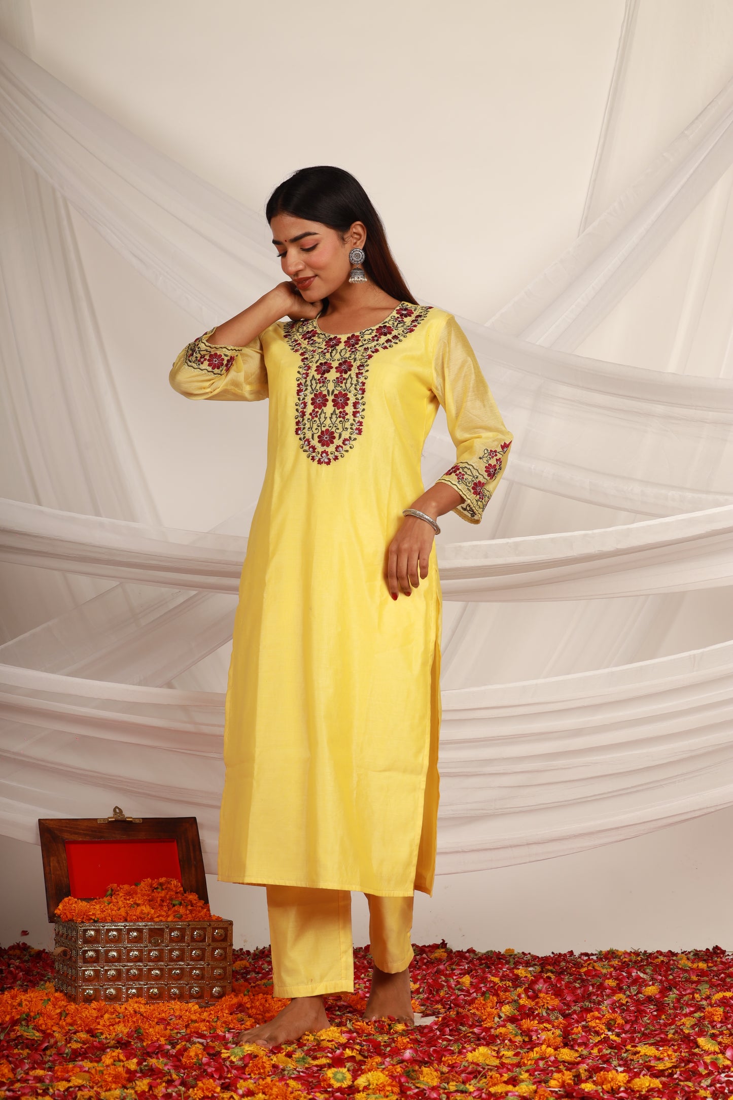 Yellow Chanderi Kurta Pant -Set of 2