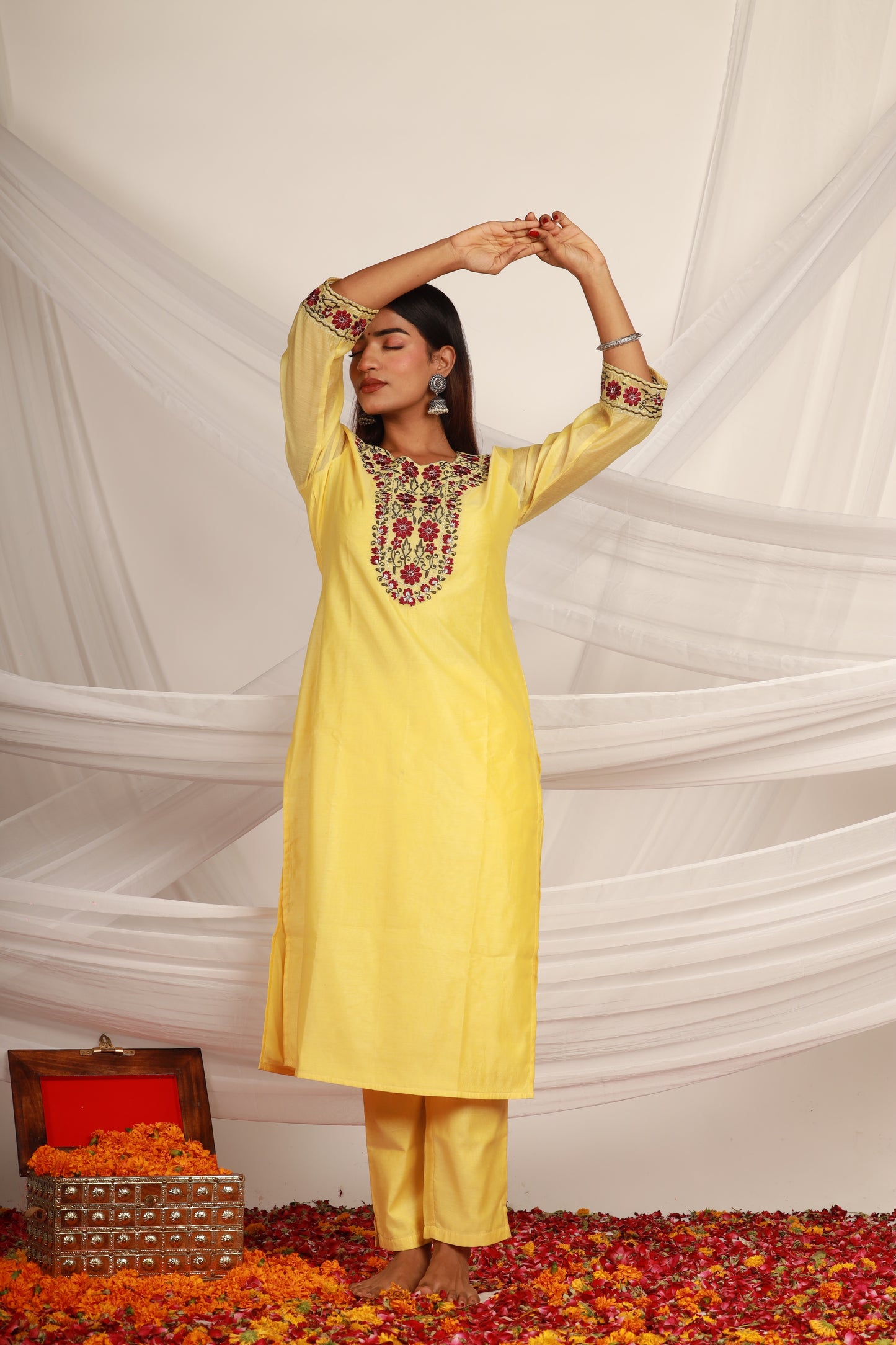 Yellow Chanderi Kurta Pant -Set of 2