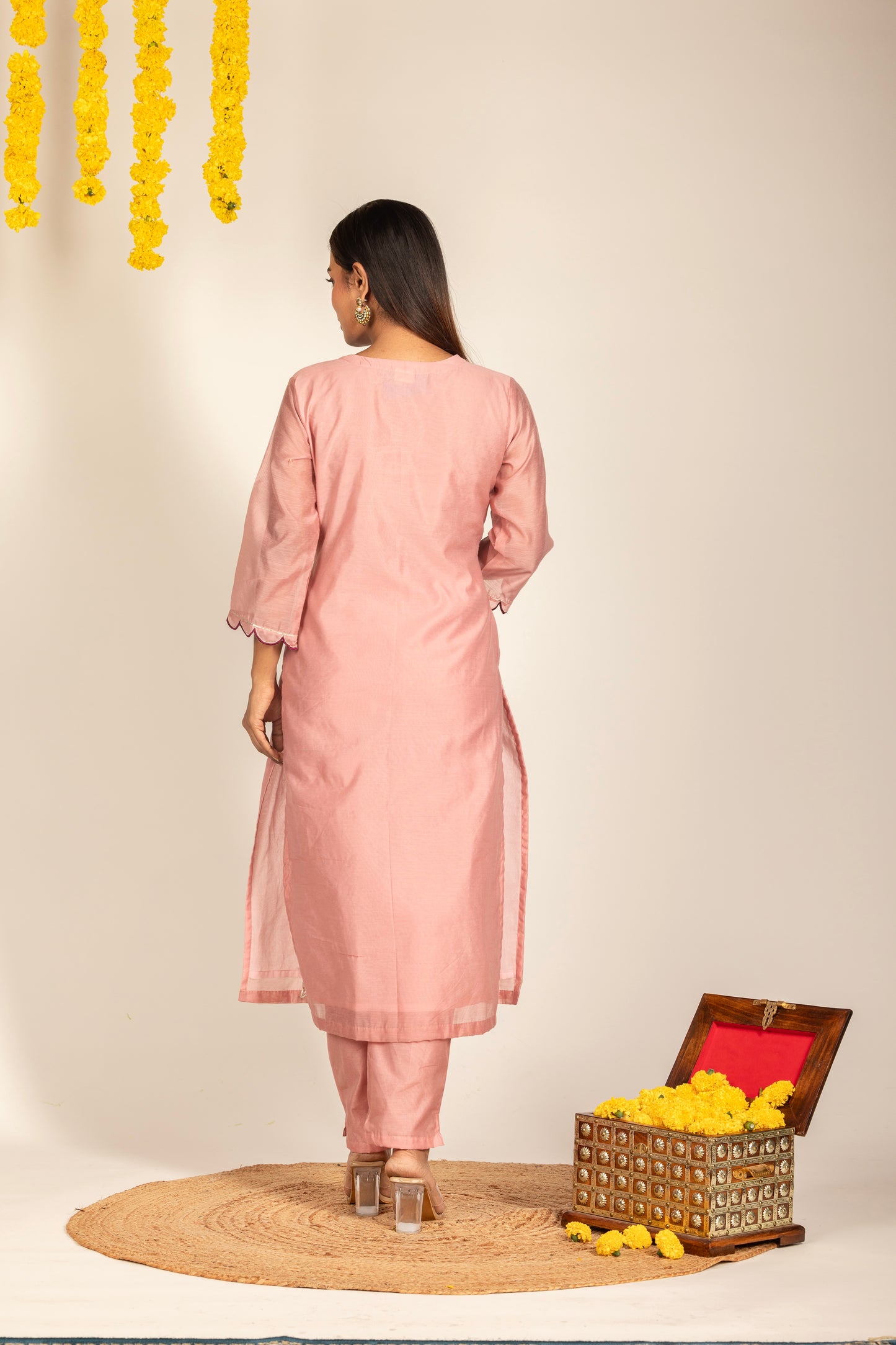 Pink Chanderi Kurta Pant Dupatta -Set of 3