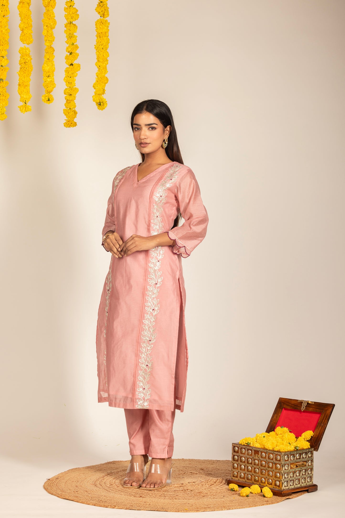 Pink Chanderi Kurta Pant Dupatta -Set of 3