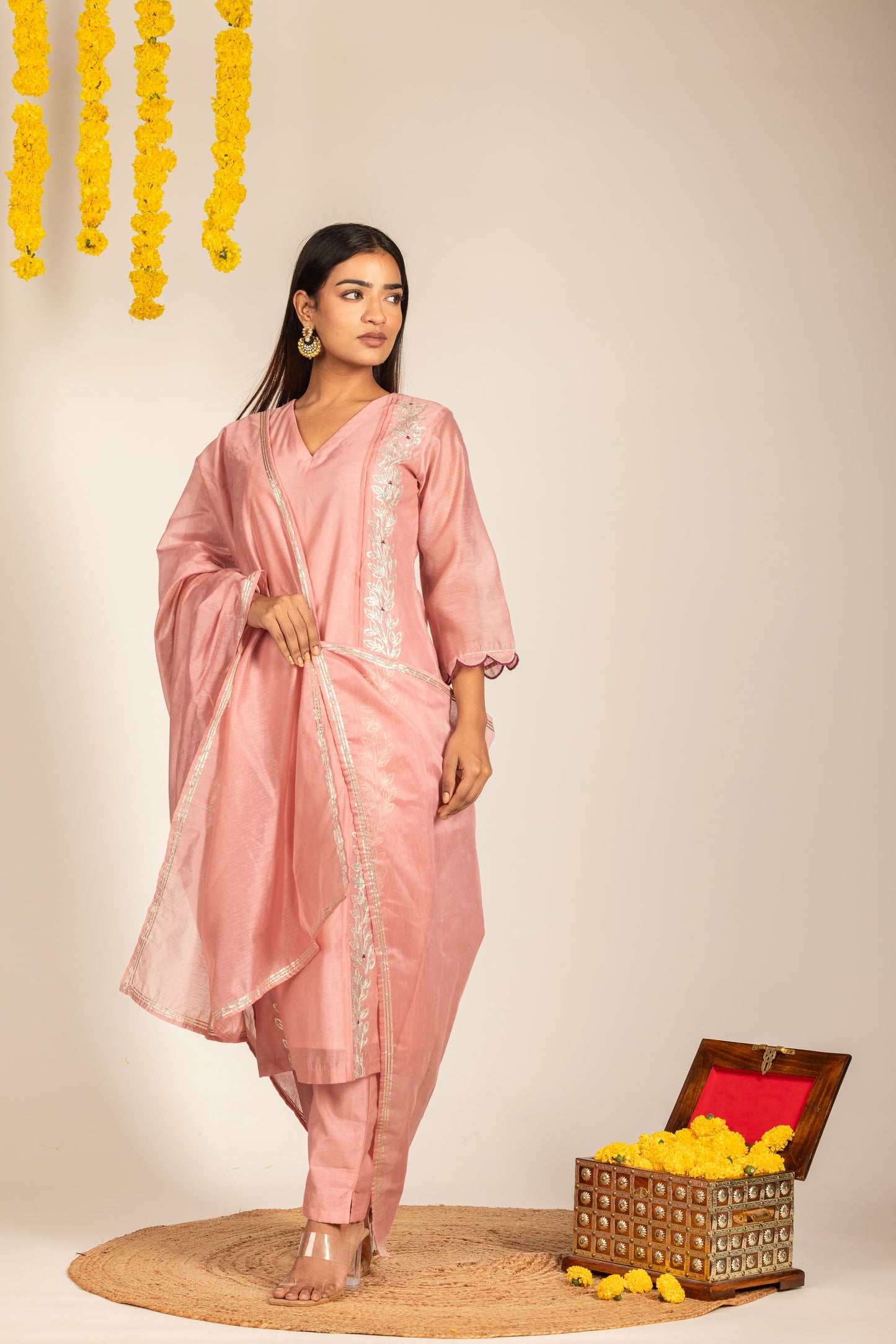 Pink Chanderi Kurta Pant Dupatta -Set of 3