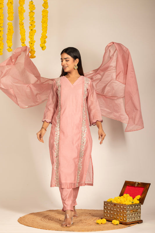 Pink Chanderi Kurta Pant Dupatta -Set of 3