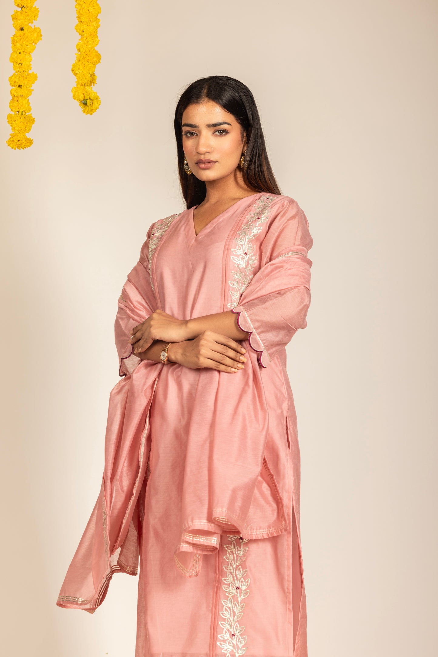 Pink Chanderi Kurta Pant Dupatta -Set of 3