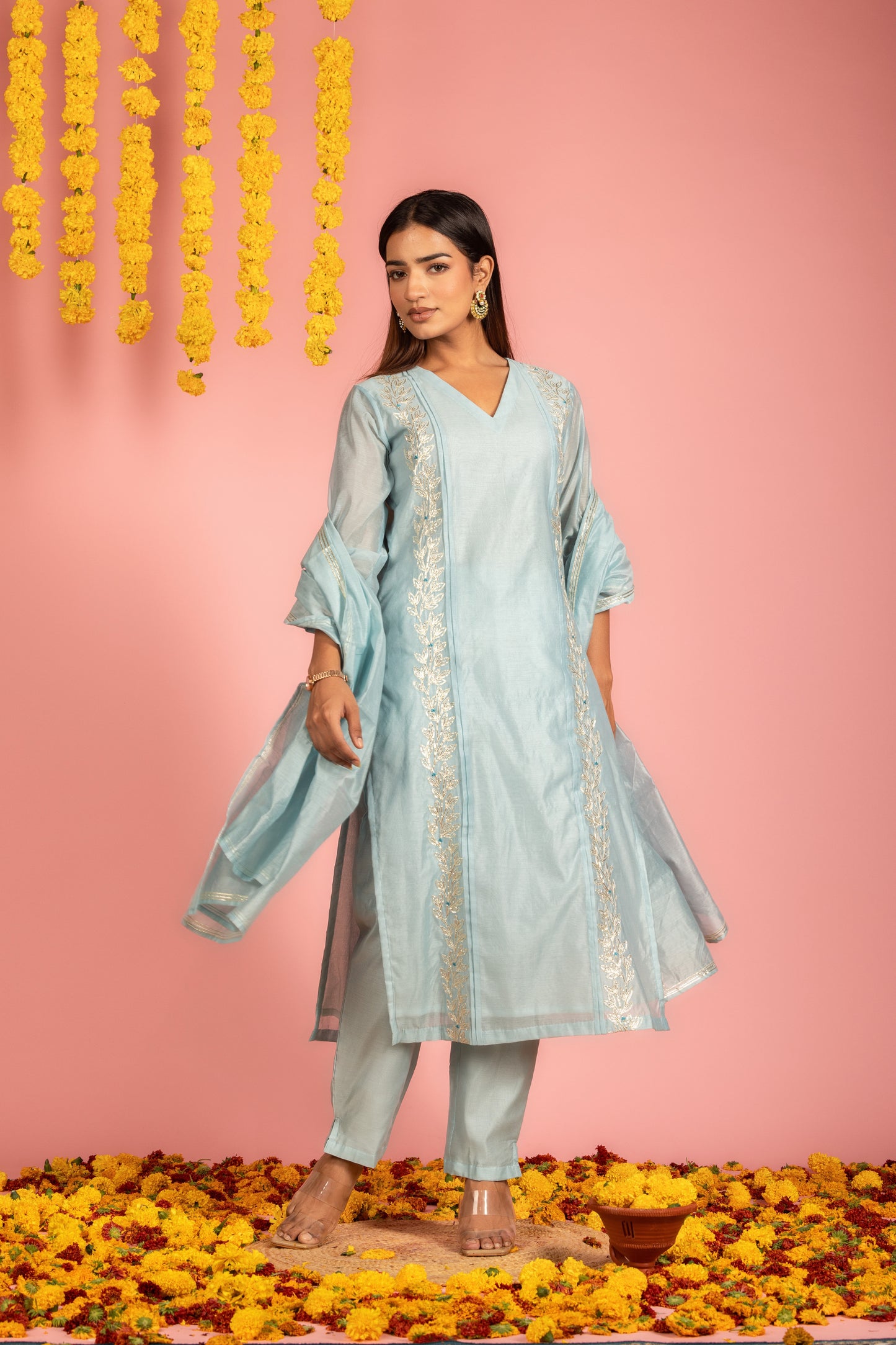 Sky Blue Chanderi Kurta Pant Dupatta -Set of 3