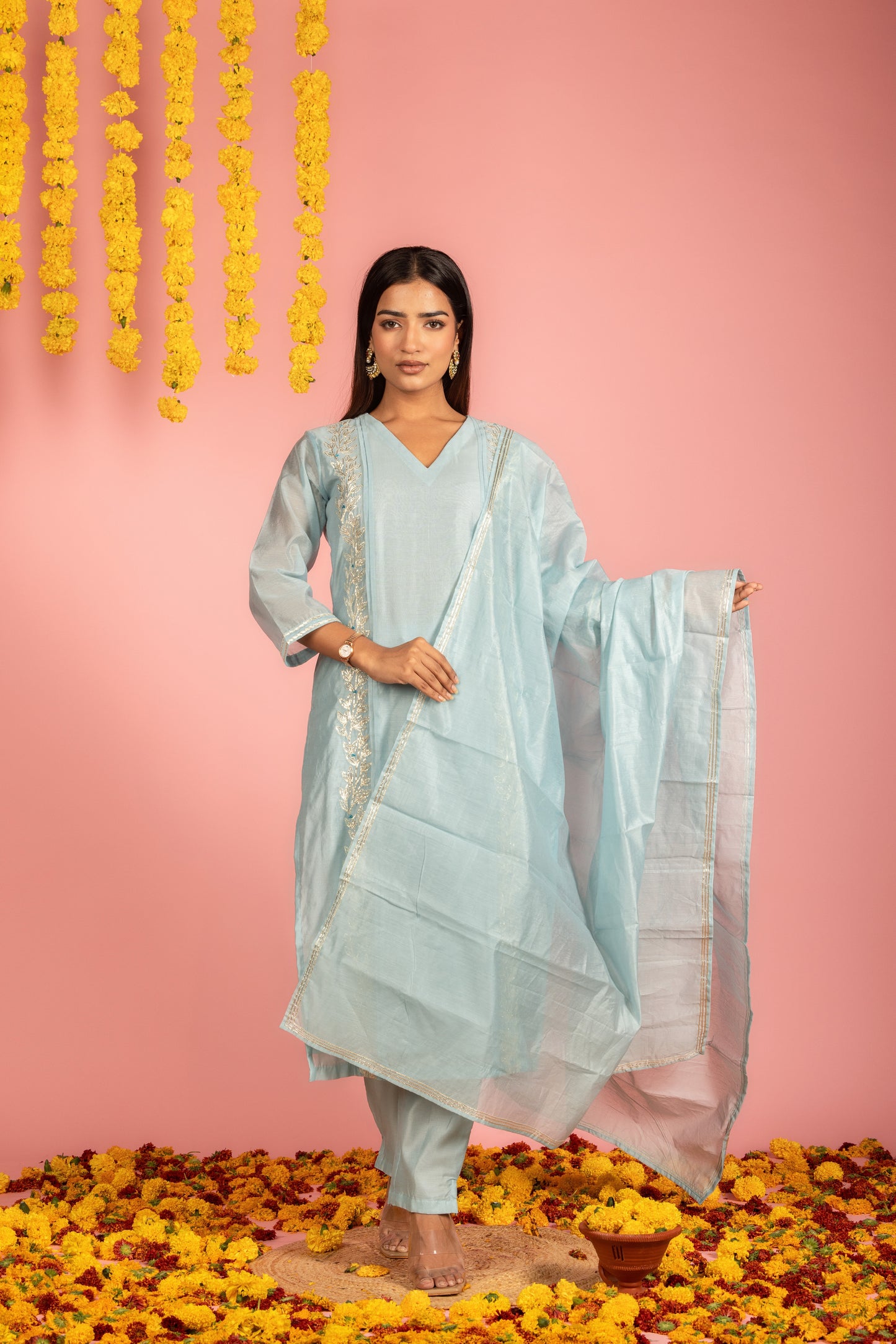 Sky Blue Chanderi Kurta Pant Dupatta -Set of 3