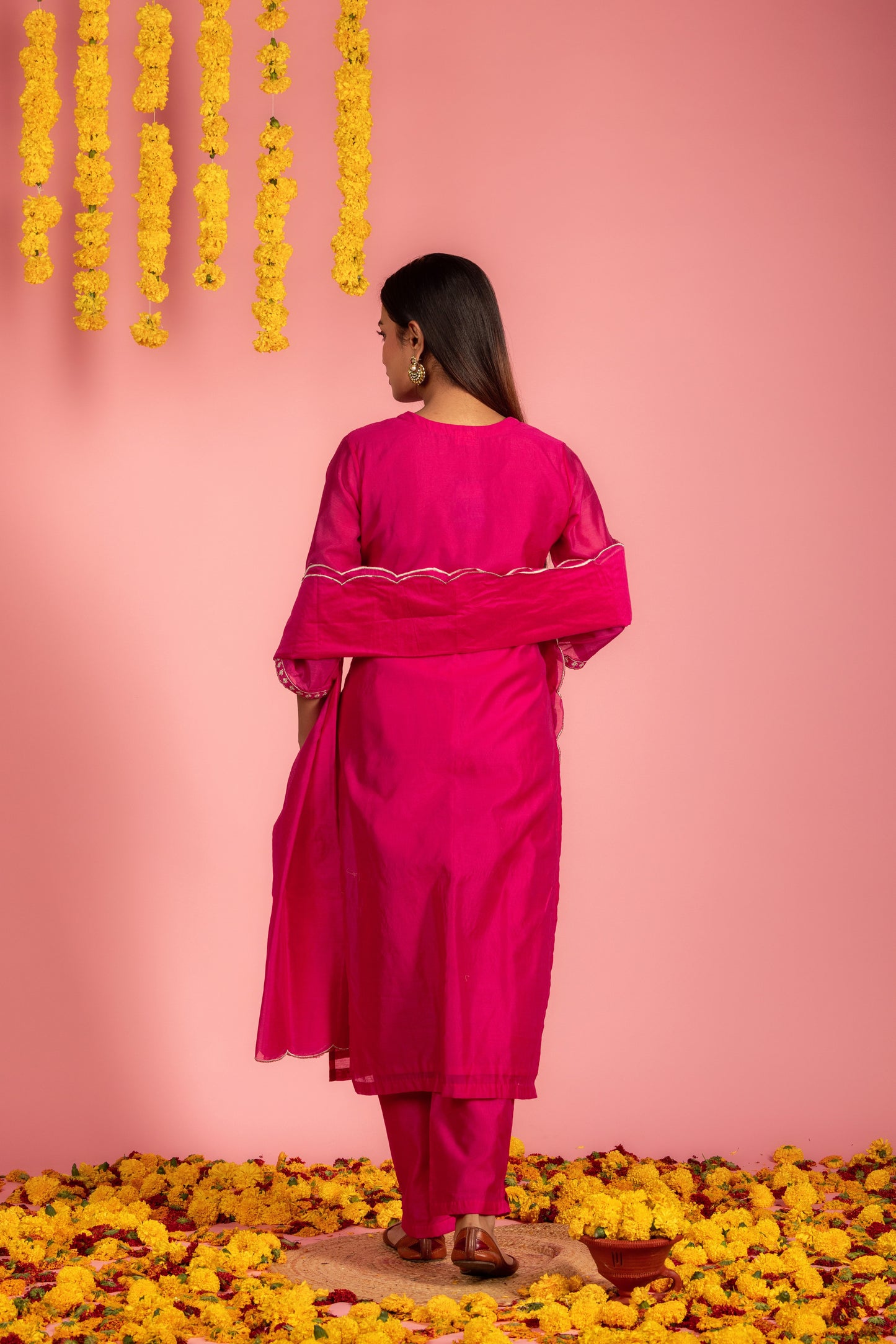 Rani Chanderi Kurta Pant Dupatta -Set of 3