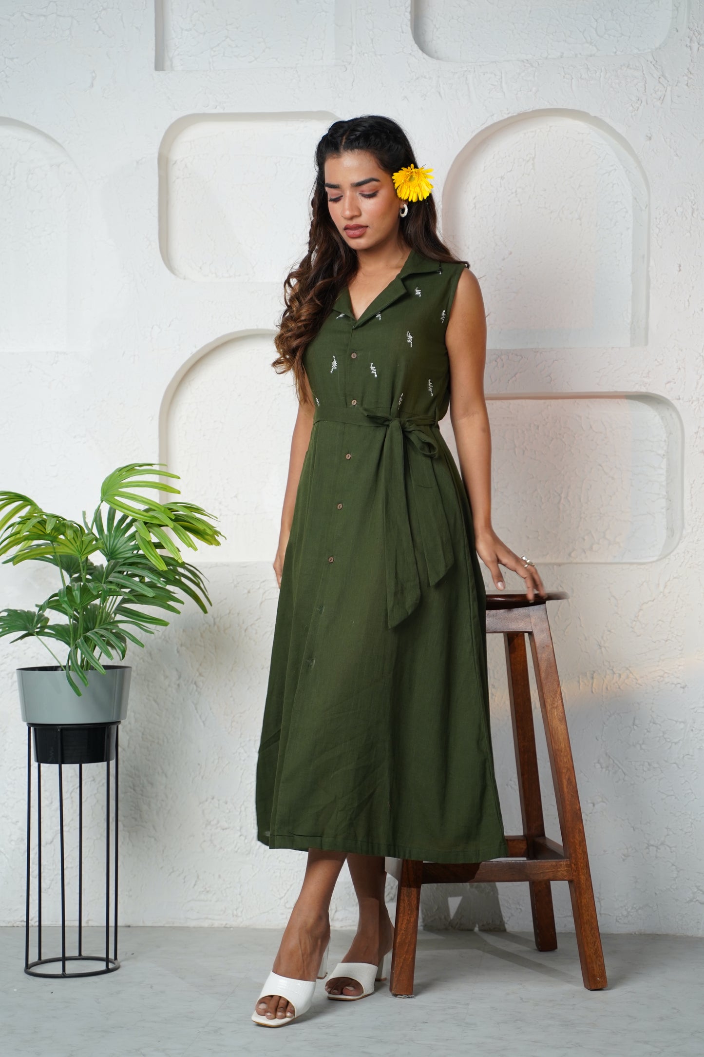 Front Slit Green Dress